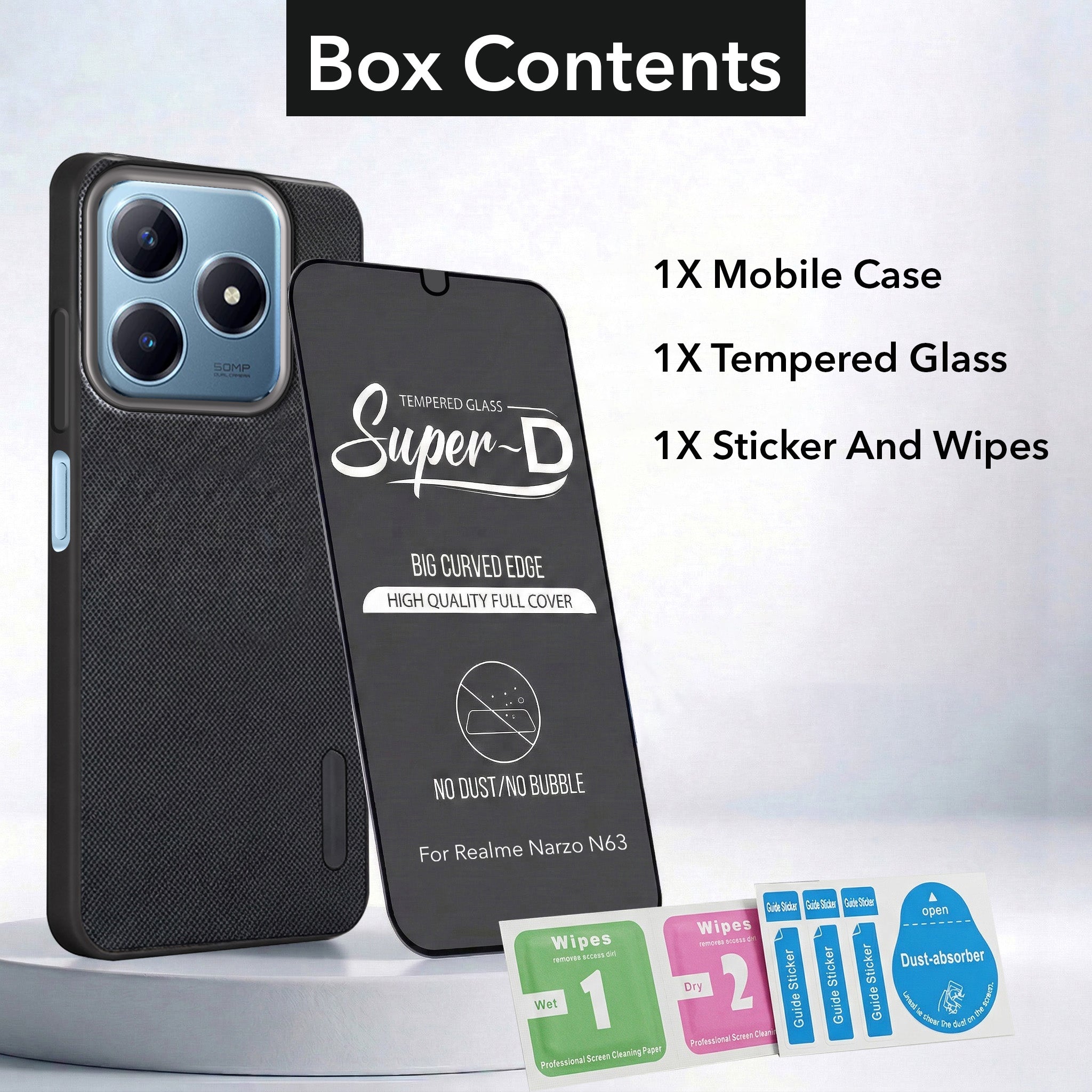 For Realme Narzo N63 Combo with Back Cover and 9H Tempered Glass (Textured Grip Design | Micro-Fiber Cloth Inside | Oleophobic Coating Screen Glass)
