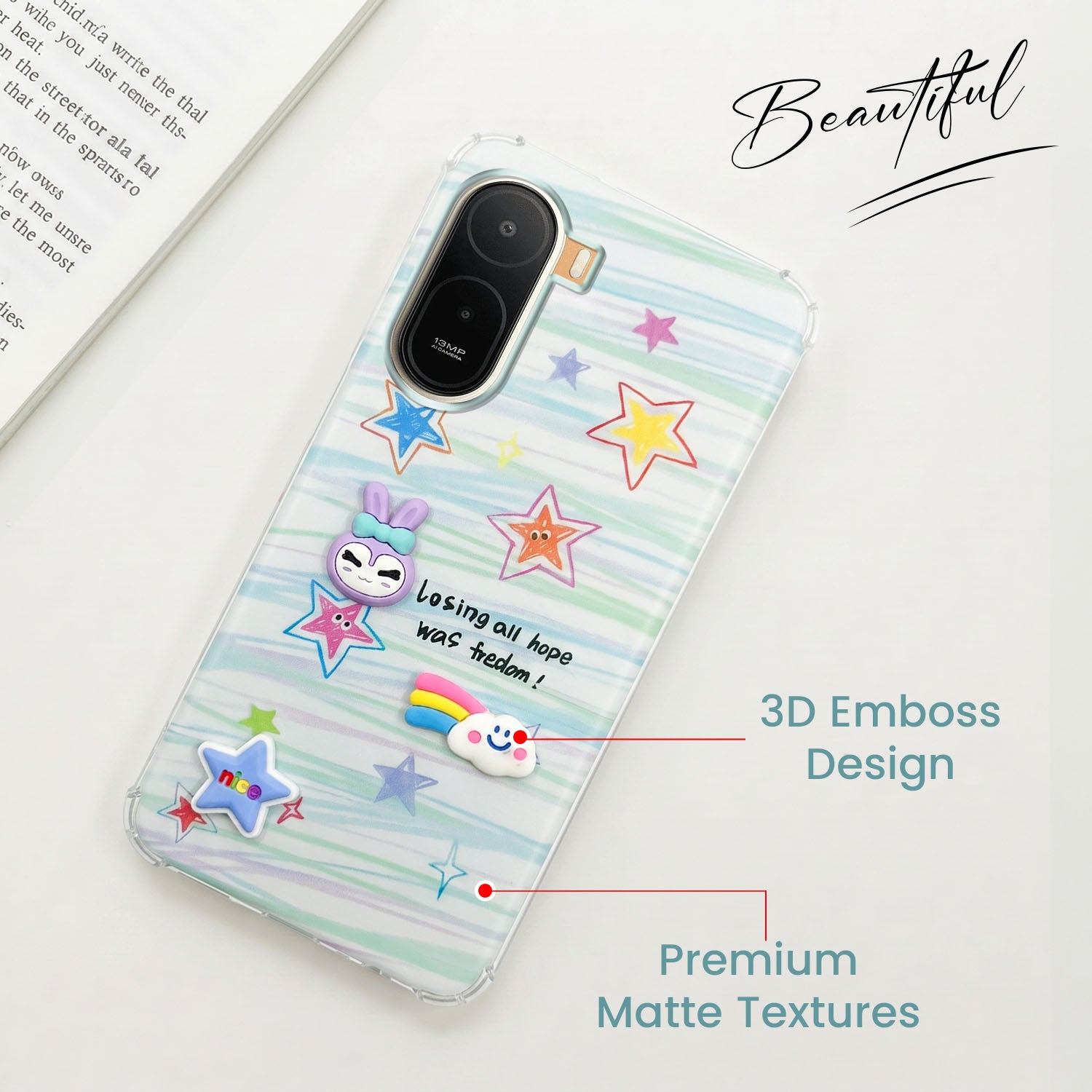 For Redmi A7 Pro 5G Back Cover Case (3D Cute Cartoons | Hard Back Side Soft | Matte Premium Finish | HD Printing)