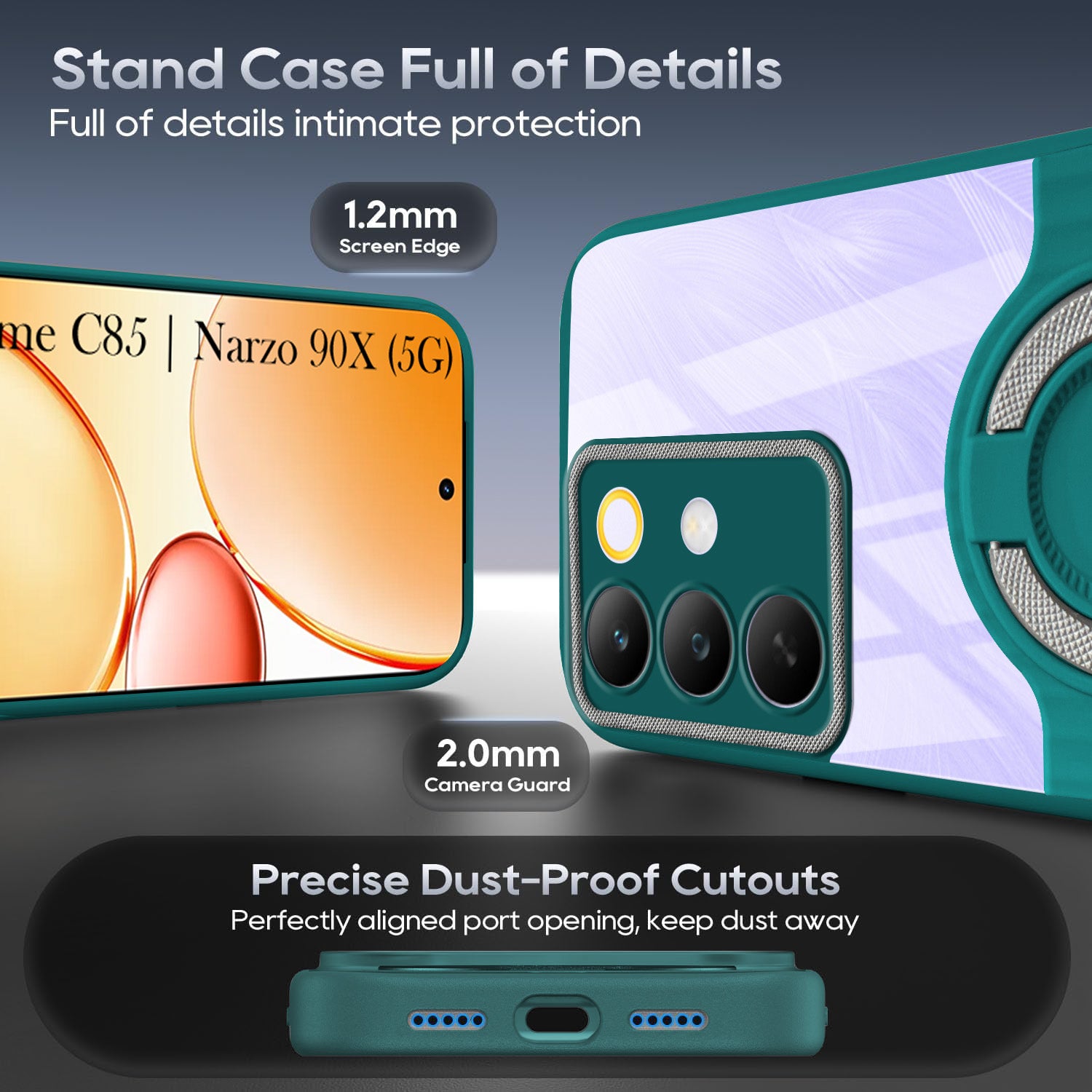 For Realme C85 5G | Realme Narzo 90x Back Cover Case with stand (Built-in Ring Holder Kickstand | Lifetime Anti Yellow | Camera Protection)