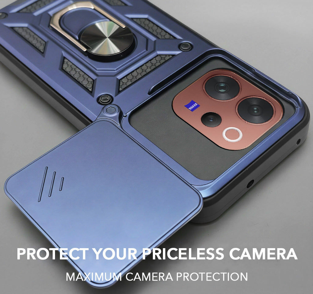 For Vivo V70 | Vivo V70 Elite 5G Back Cover Case Hybrid Armor (Sliding Shutter Camera Protection | Polycarbonate |Ring Holder Kickstand)
