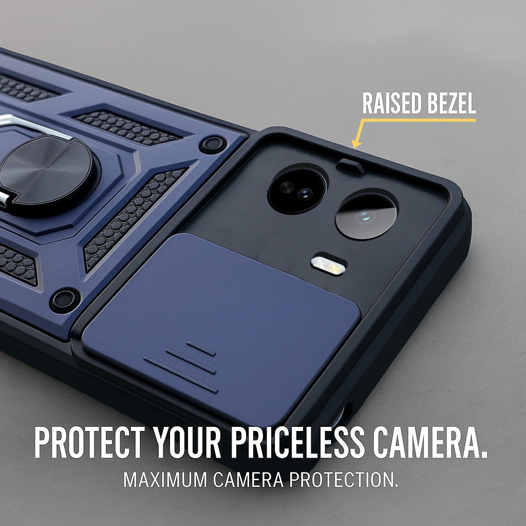 For Vivo T5 Pro 5G Back Cover Case Hybrid Armor (Sliding Shutter Camera Protection | Polycarbonate |Ring Holder Kickstand)