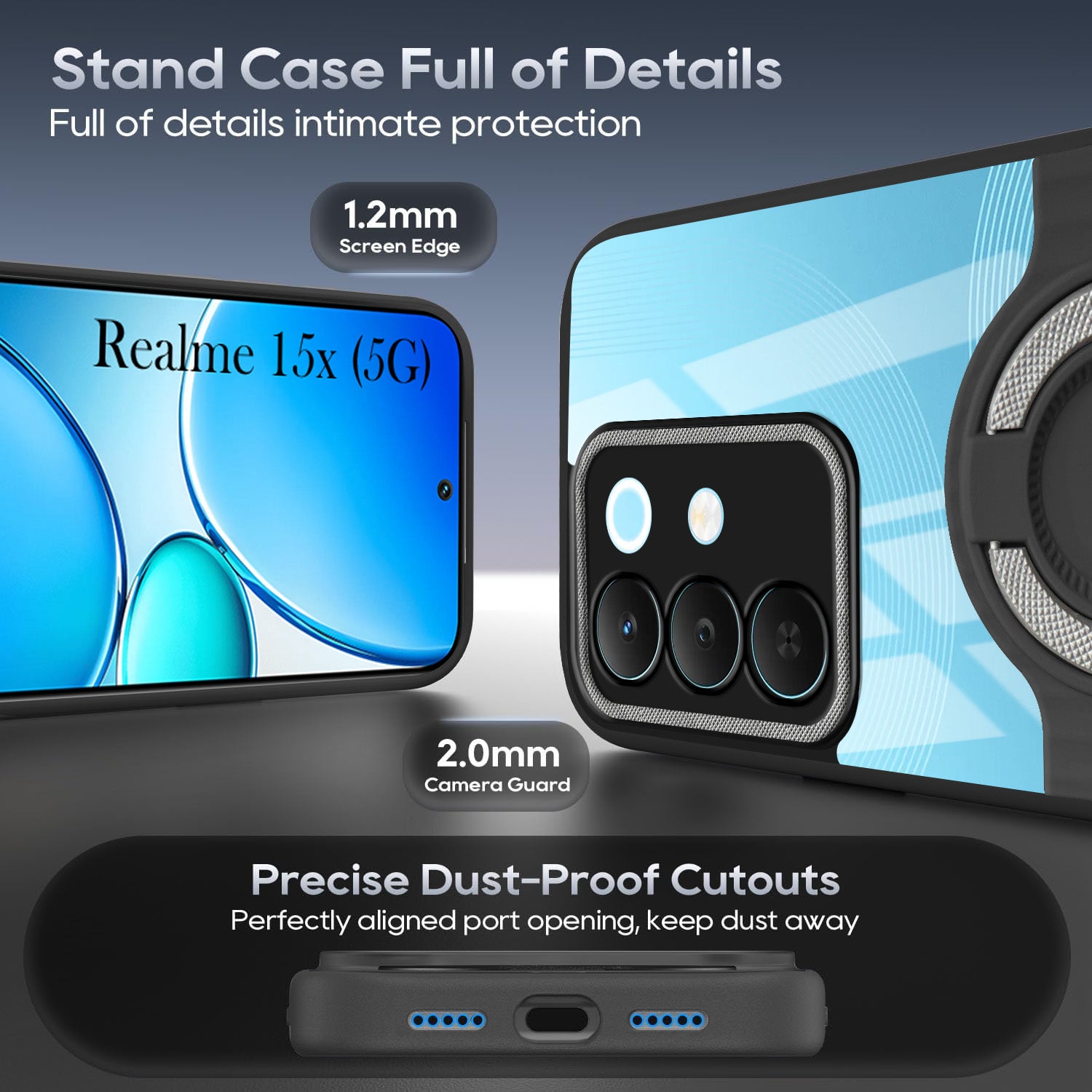 For Realme 15X Back Cover Case with stand (Built-in Ring Holder Kickstand | Lifetime Anti Yellow | Camera Protection)