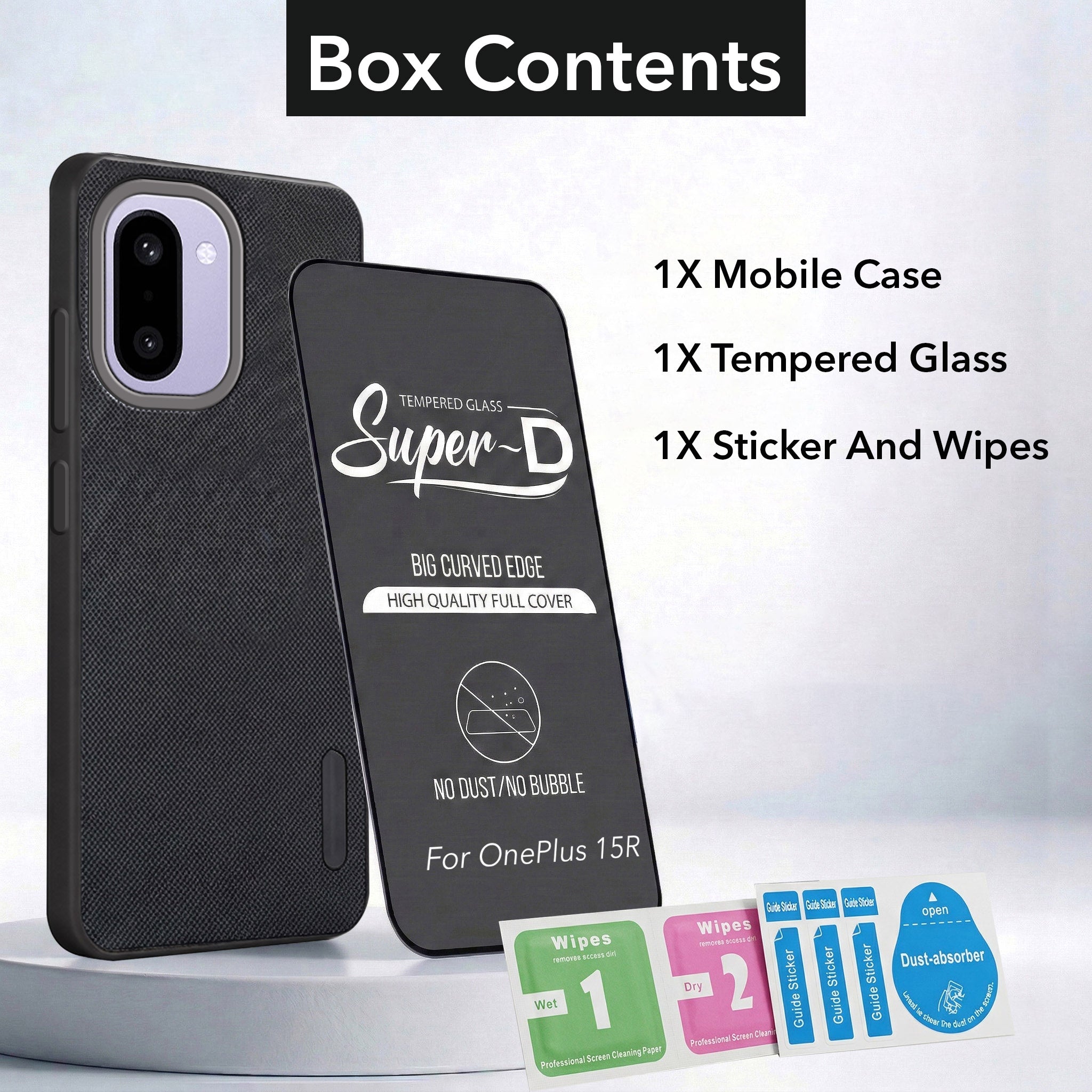 For OnePlus 15R Combo with Back Cover and 9H Tempered Glass (Textured Grip Design | Micro-Fiber Cloth Inside | Oleophobic Coating Screen Glass)
