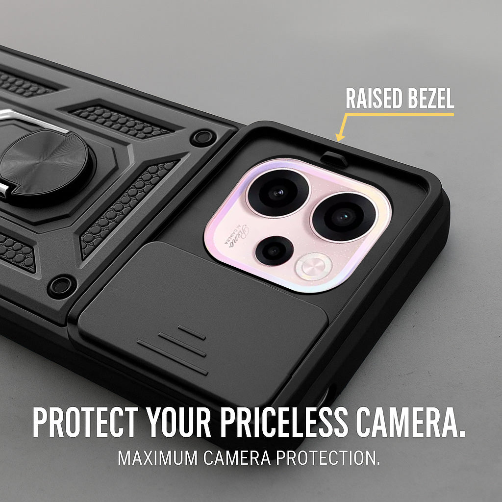 For Oppo Reno 15c Back Cover Case Hybrid Armor (Sliding Shutter Camera Protection | Polycarbonate |Ring Holder Kickstand)