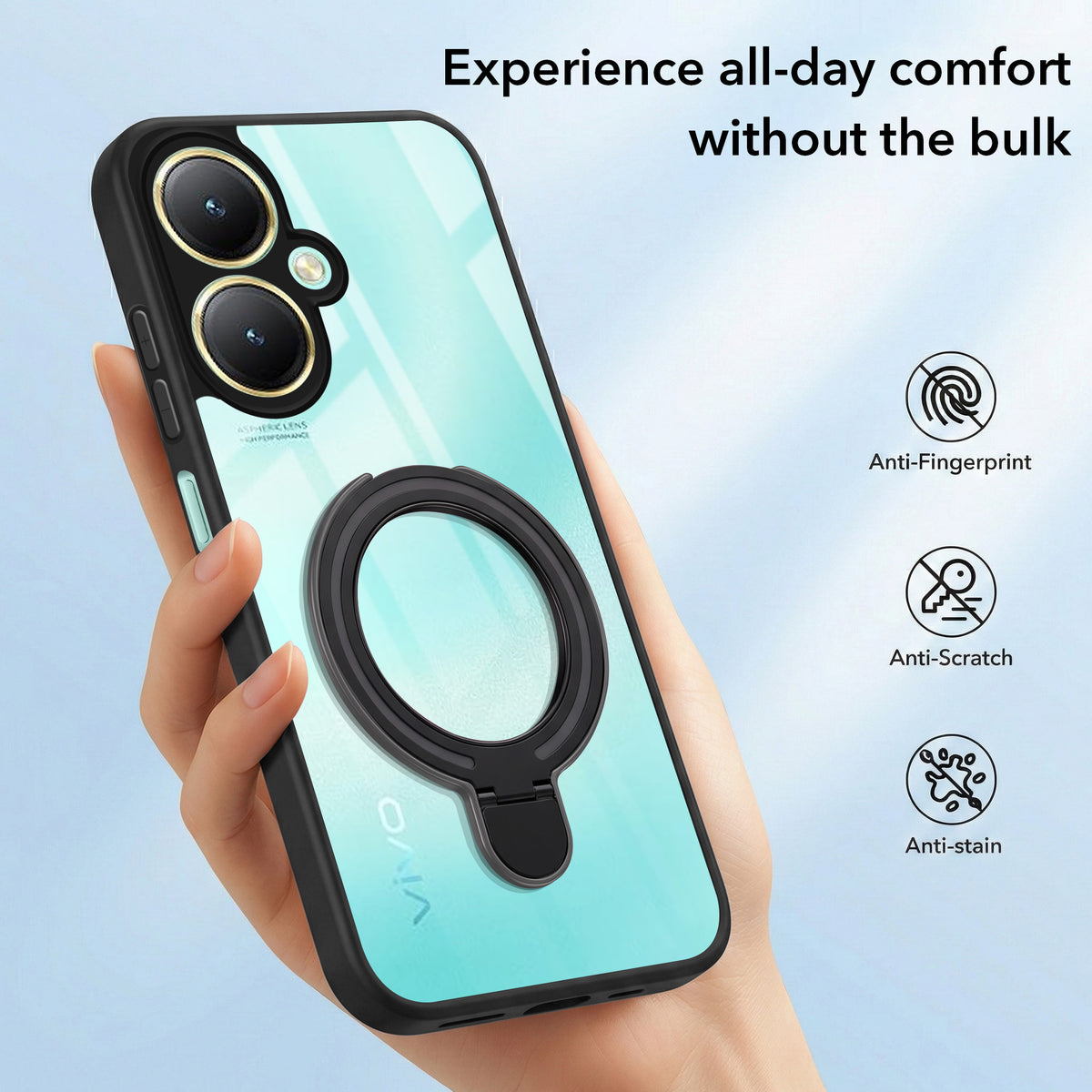 For Vivo Y27 Back Cover Case (Kick Stand Ring Holder | Life time Anti Yellow | Camera Protection)