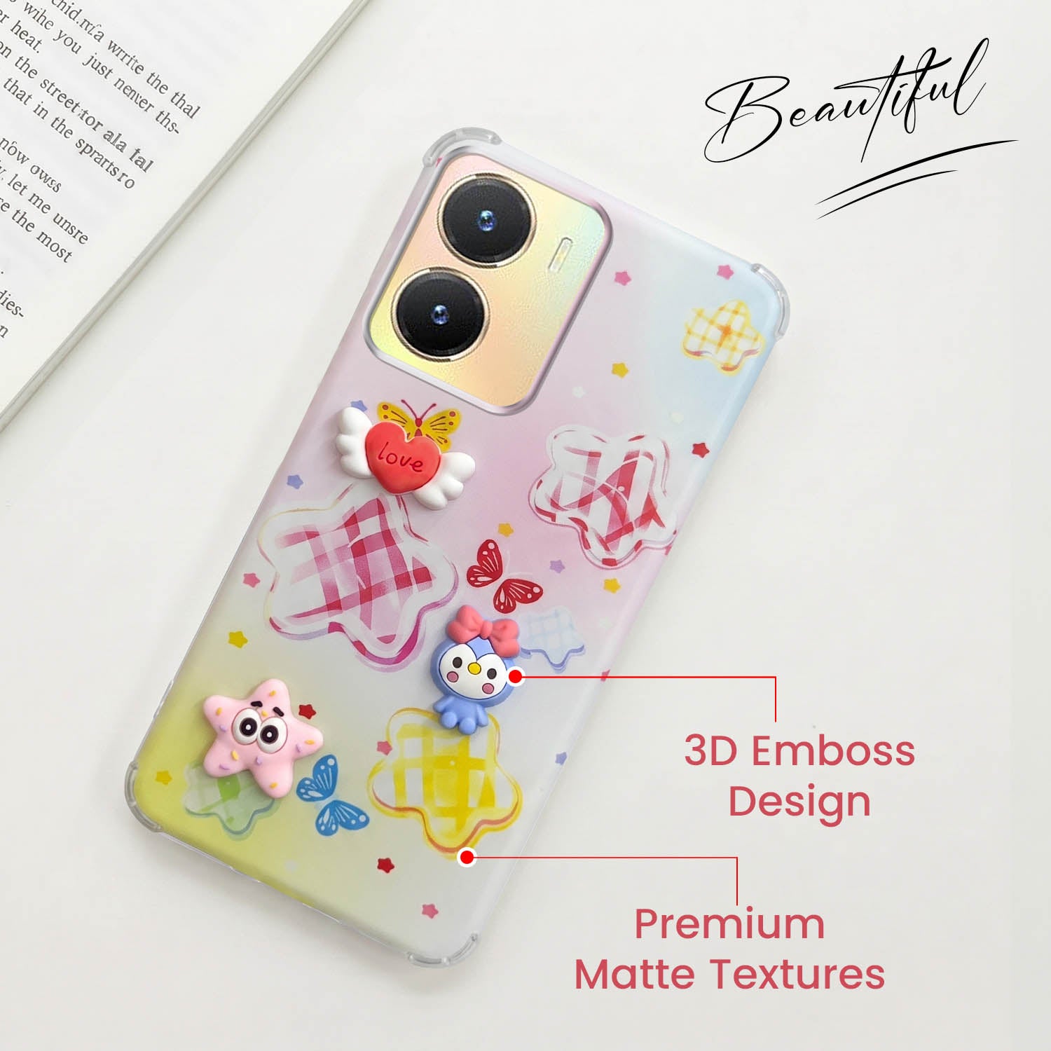 For Vivo T2x Back Cover Case (3D Cute Cartoons | Hard Back Side Soft | Matte Premium Finish | HD Printing)