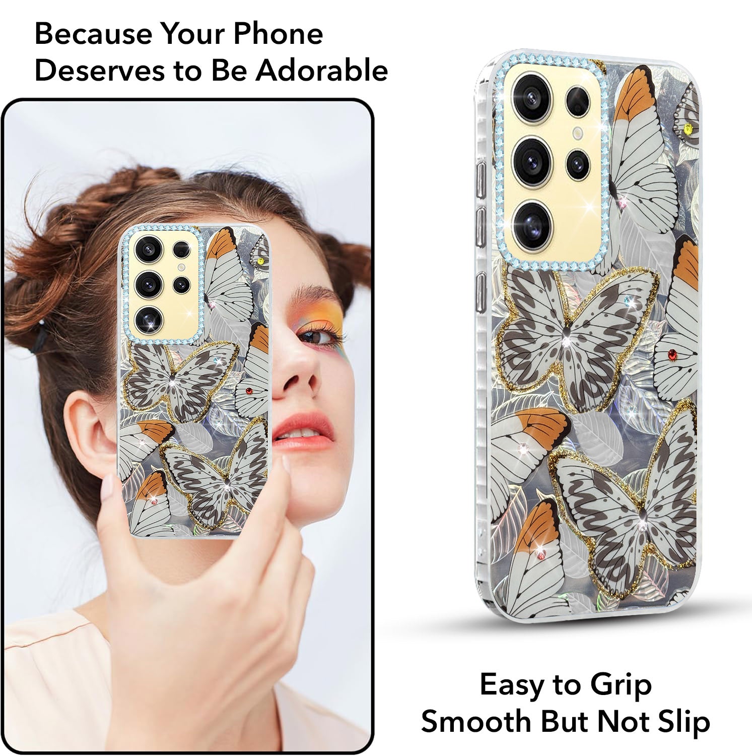 For Samsung Galaxy S24 Ultra Back Cover Case (Luxury Floral Glitter Cute Butterfly | Diamond Studded Camera Bump | Girls & Women Design)