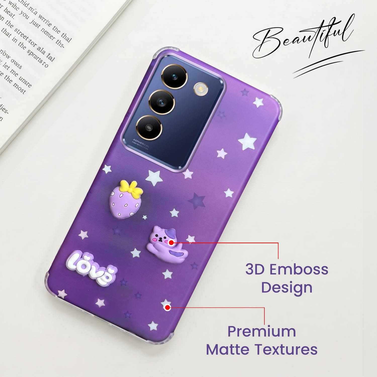 For Vivo T3 5G Back Cover Case (3D Cute Cartoons | Hard Back Side Soft | Matte Premium Finish | HD Printing)