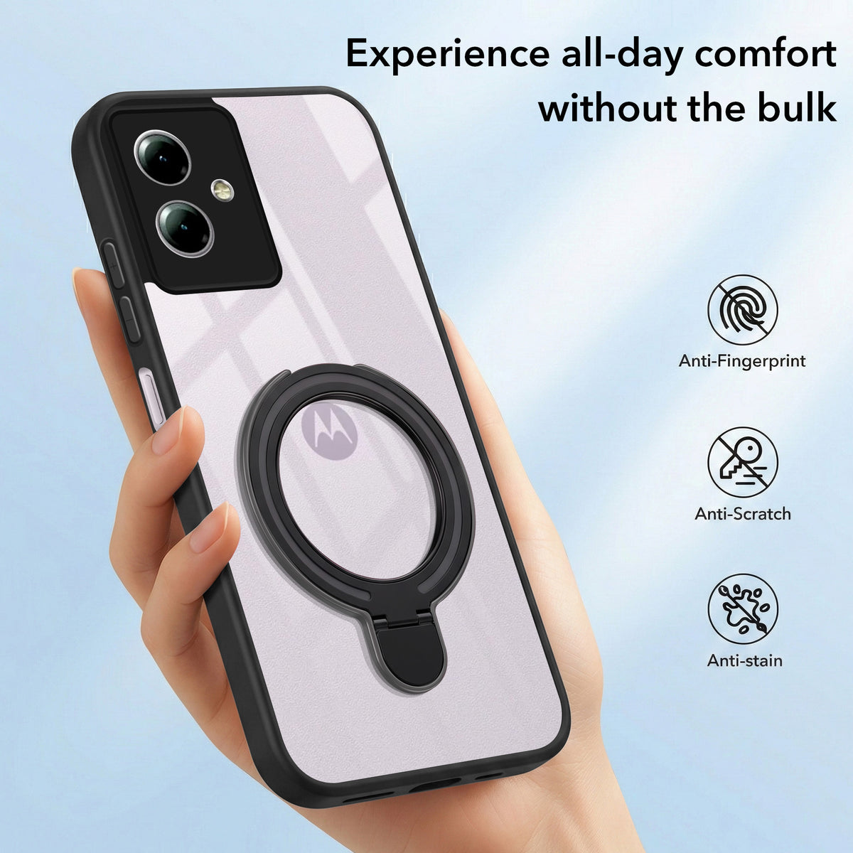 For Motorola Moto G14 Back Cover Case (Kick Stand Ring Holder | Life time Anti Yellow | Camera Protection)