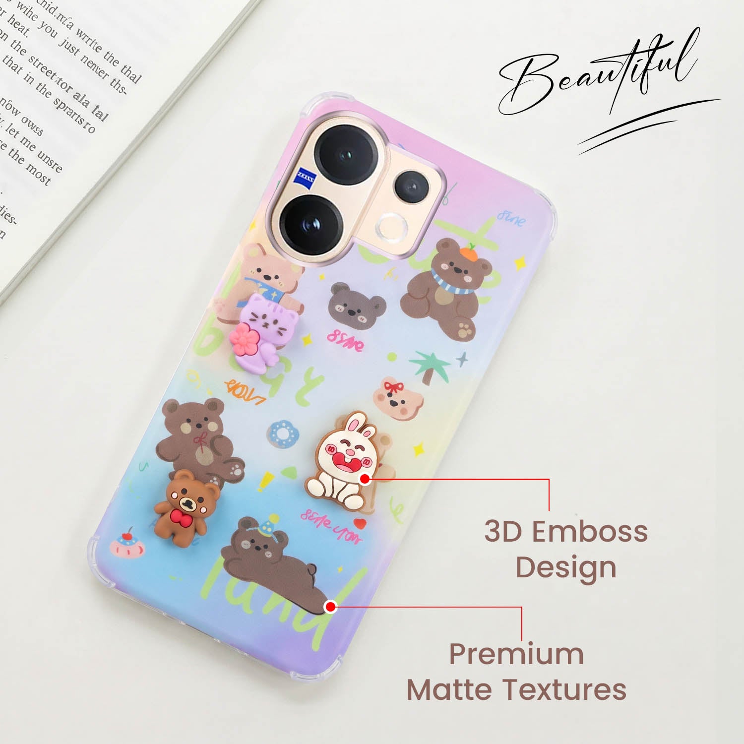 For Vivo V60 | Vivo T4 Pro Back Cover Case (3D Cute Cartoons | Hard Back Side Soft | Matte Premium Finish | HD Printing)