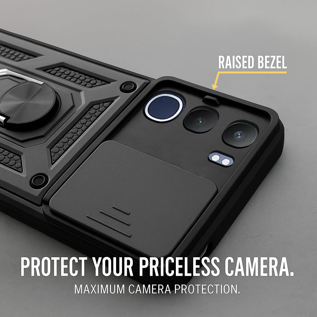 For Vivo Y29 Back Cover Case Hybrid Armor (Sliding Shutter Camera Protection | Polycarbonate |Ring Holder Kickstand)