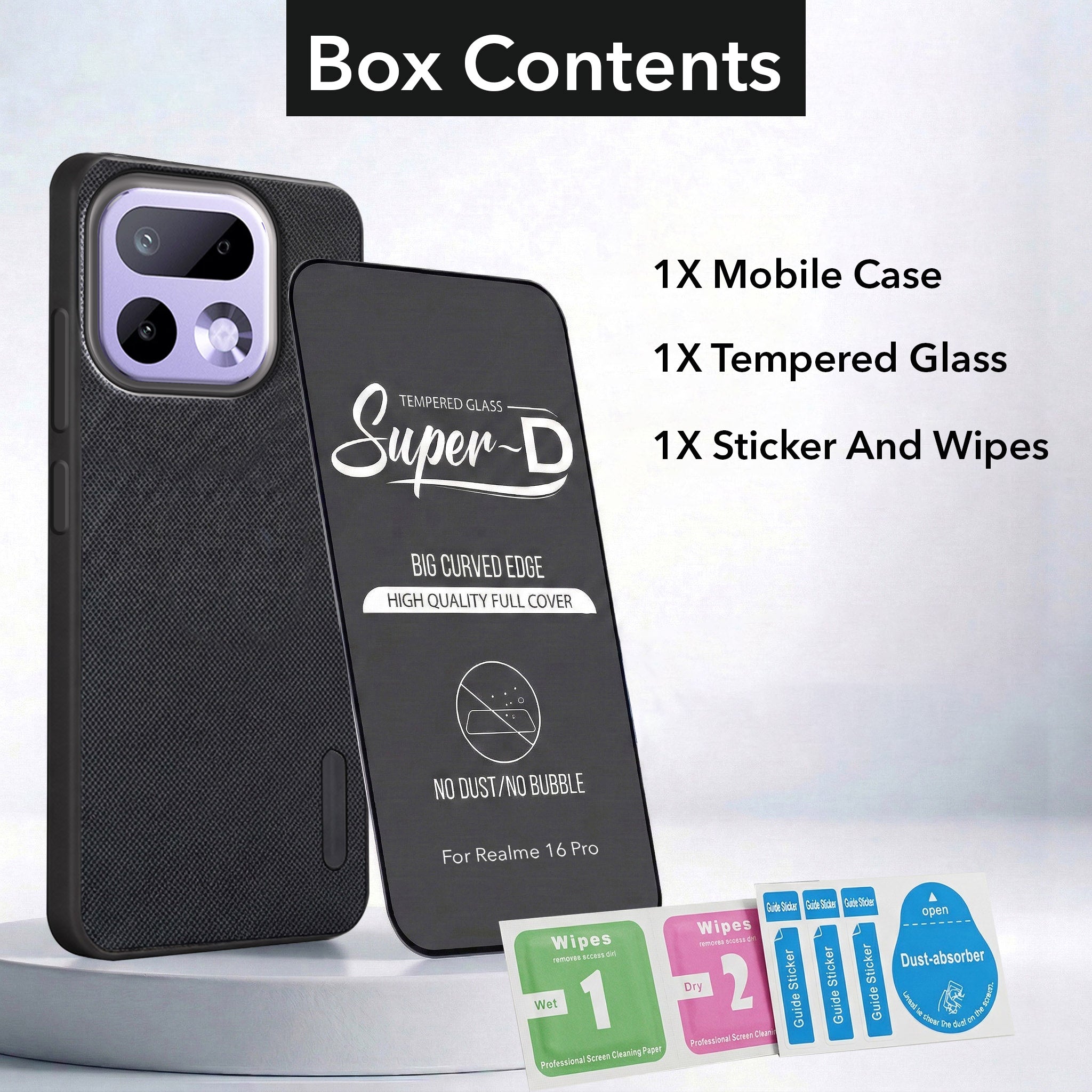For Realme 16 Pro Combo with Back Cover and 9H Tempered Glass (Textured Grip Design | Micro-Fiber Cloth Inside | Oleophobic Coating Screen Glass)