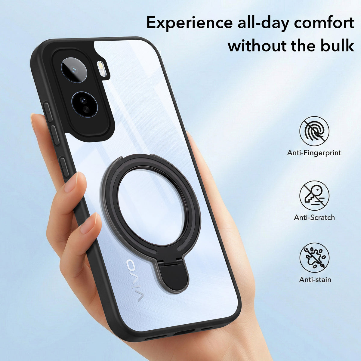 For Vivo T5 Pro Back Cover Case (Kick Stand Ring Holder | Life time Anti Yellow | Camera Protection)