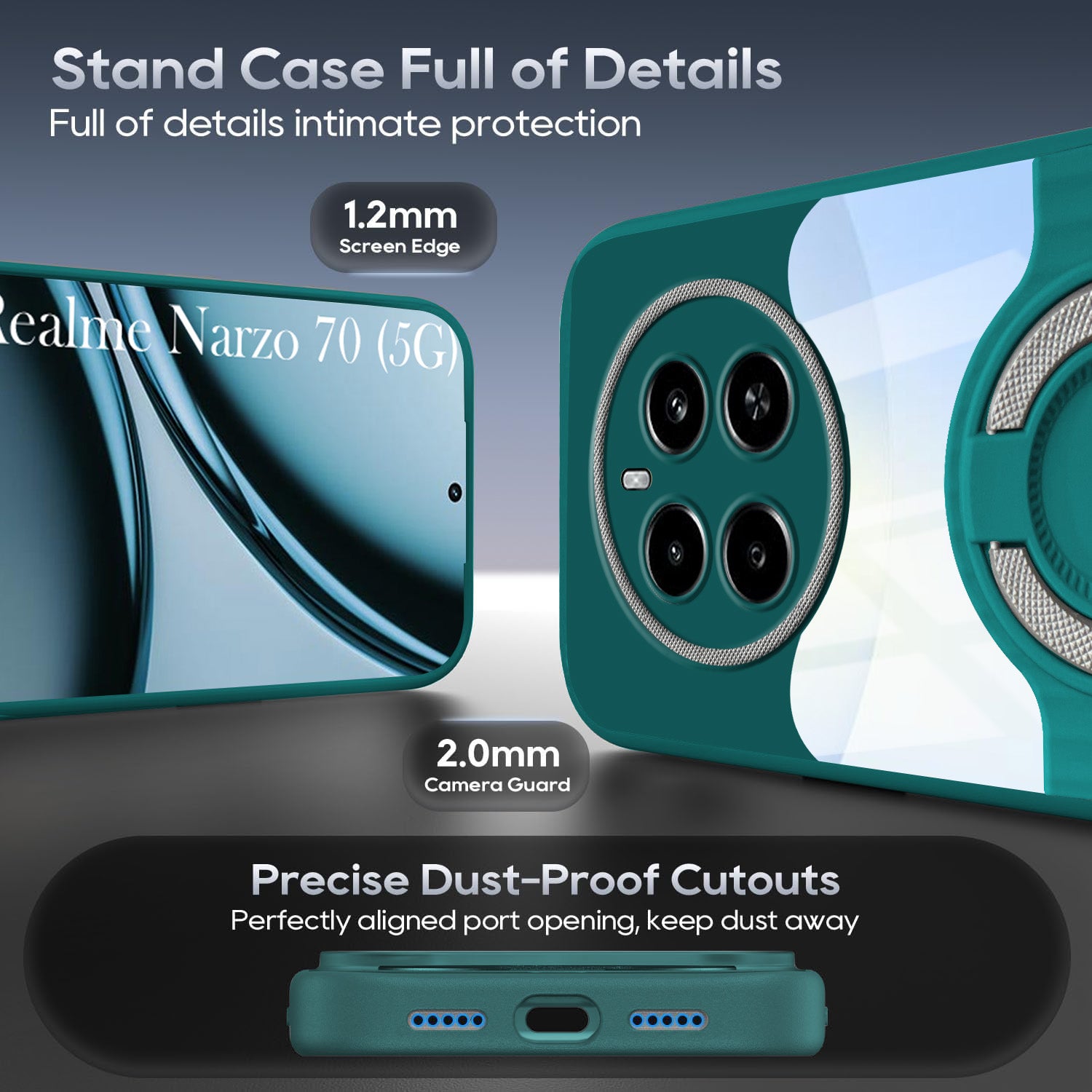 For Realme Narzo 70 5G Back Cover Case with stand (Built-in Ring Holder Kickstand | Lifetime Anti Yellow | Camera Protection)