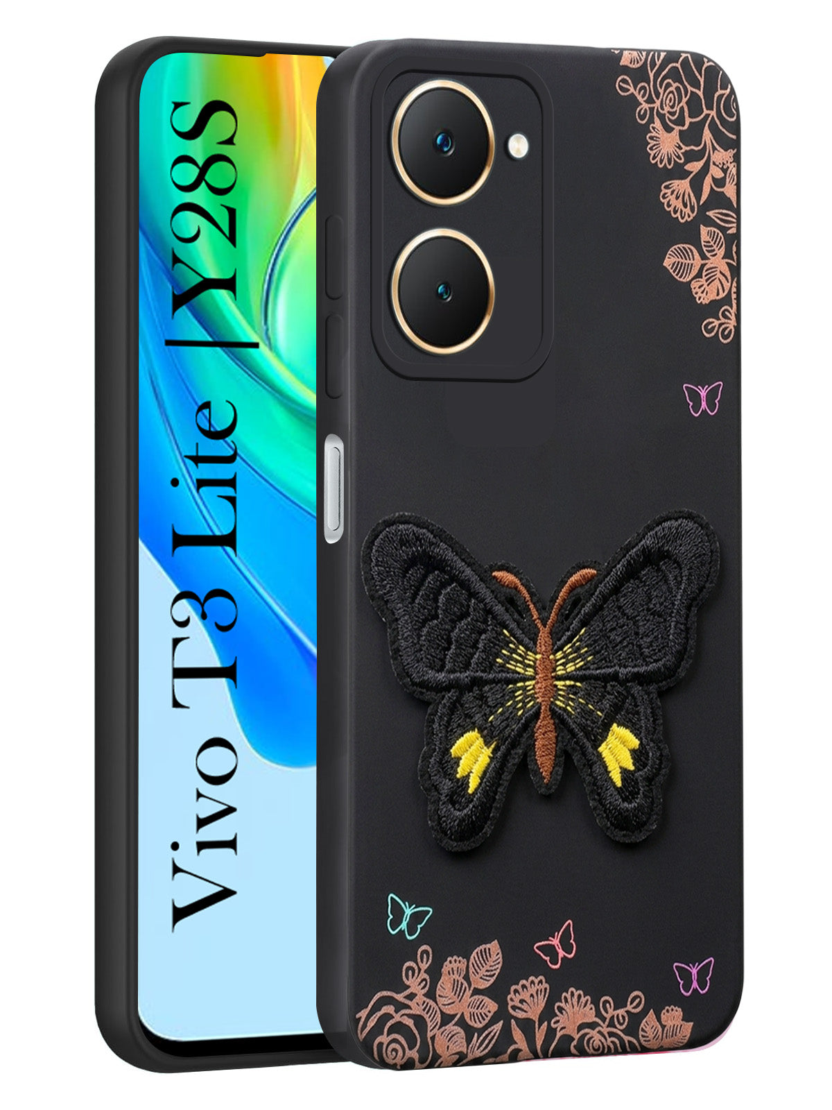 For Vivo T3 Lite 5G | Vivo Y28s 5G Back Cover Case (Soft Butterfly Embroidery | Women Teen Girls | Camera Protection| Matte Silicone)