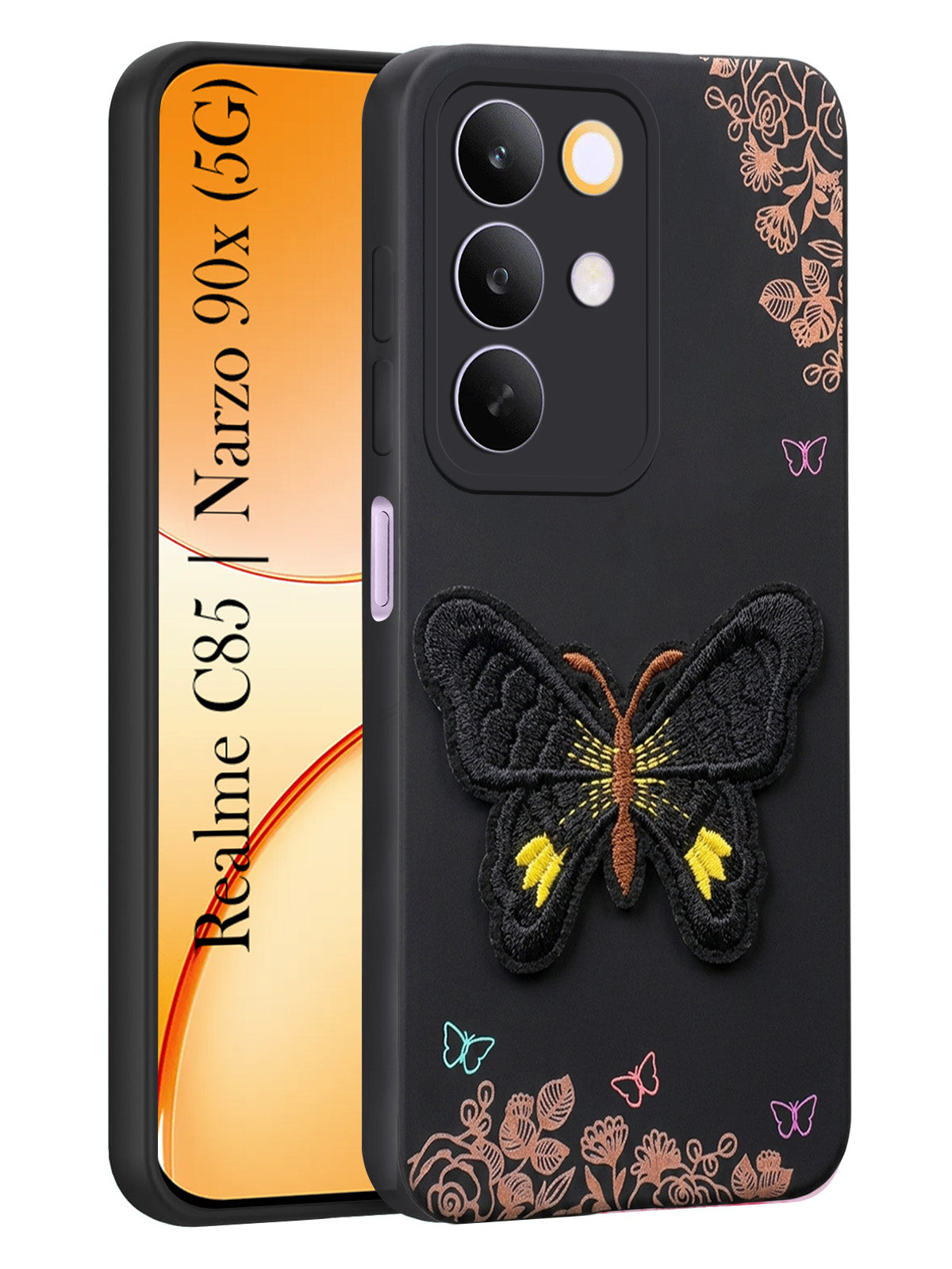 For Realme C85 5G | Realme Narzo 90x Back Cover Case (Soft Butterfly Embroidery | Women Teen Girls | Camera Protection| Matte Silicone)