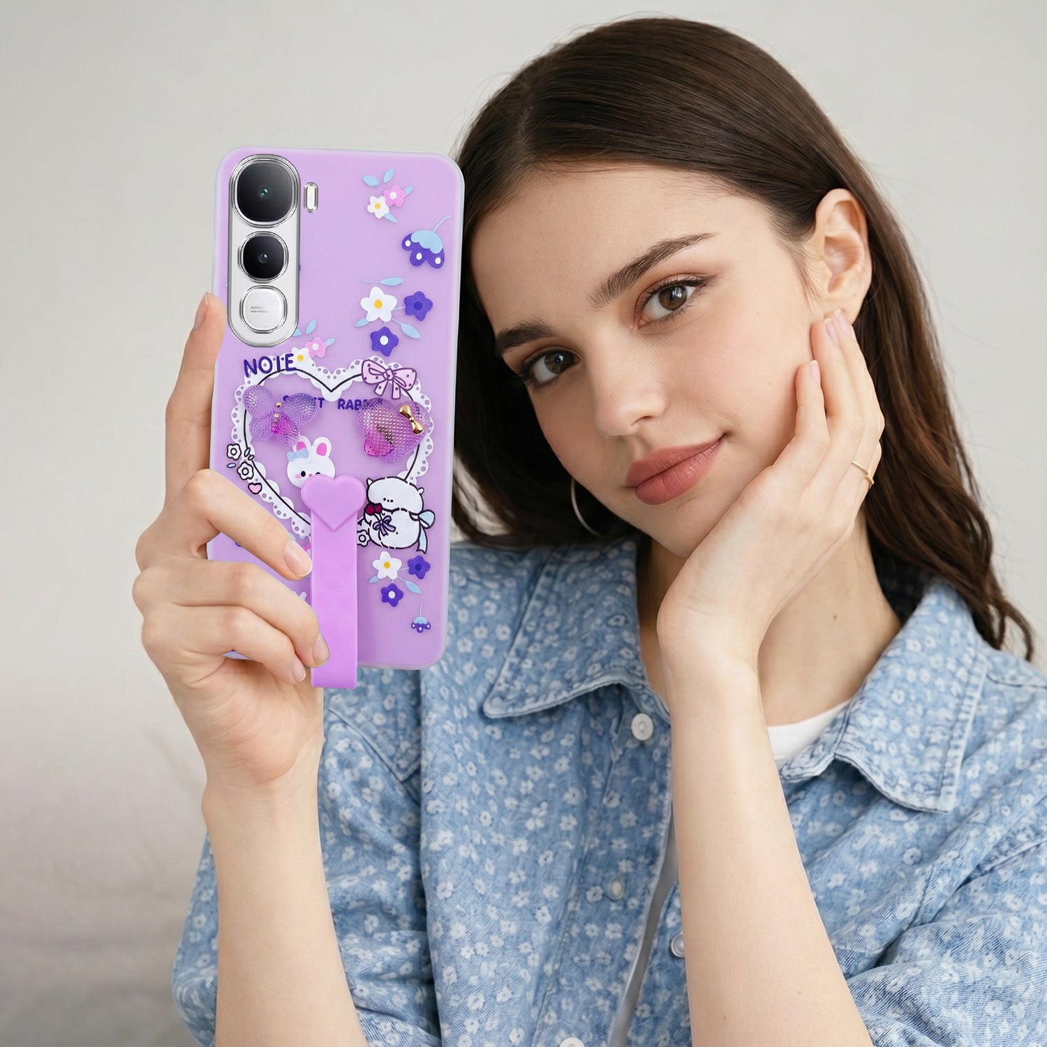 For Vivo Y400 Back Cover Case (3D Cute Heart Strap Holder | Camera Protection | Designer Girls Print)