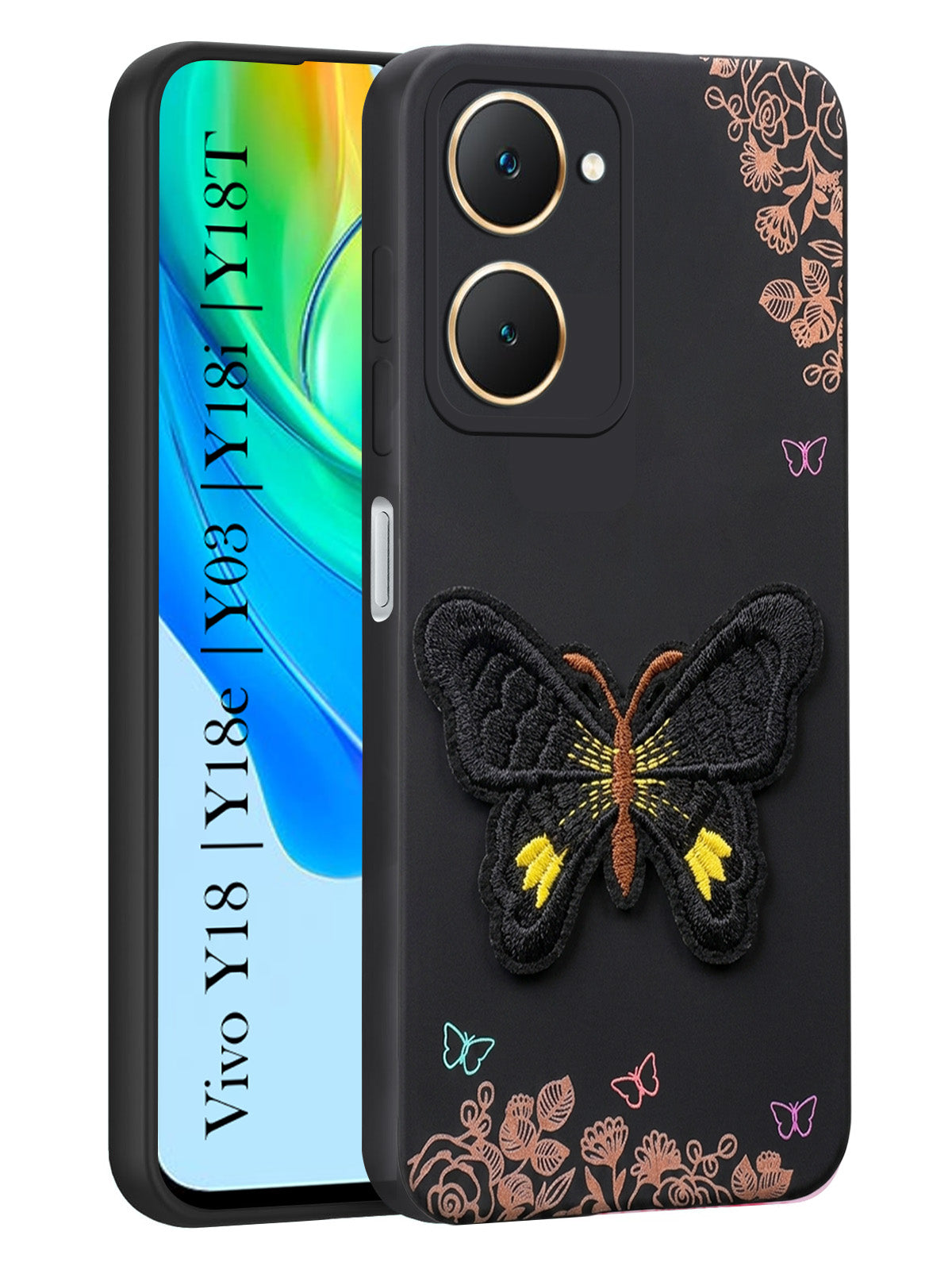 For Vivo Y18 | Vivo Y18e | Vivo Y03 | Vivo Y18i | Vivo Y18T Back Cover Case (Soft Butterfly Embroidery | Women Teen Girls | Camera Protection| Matte Silicone)