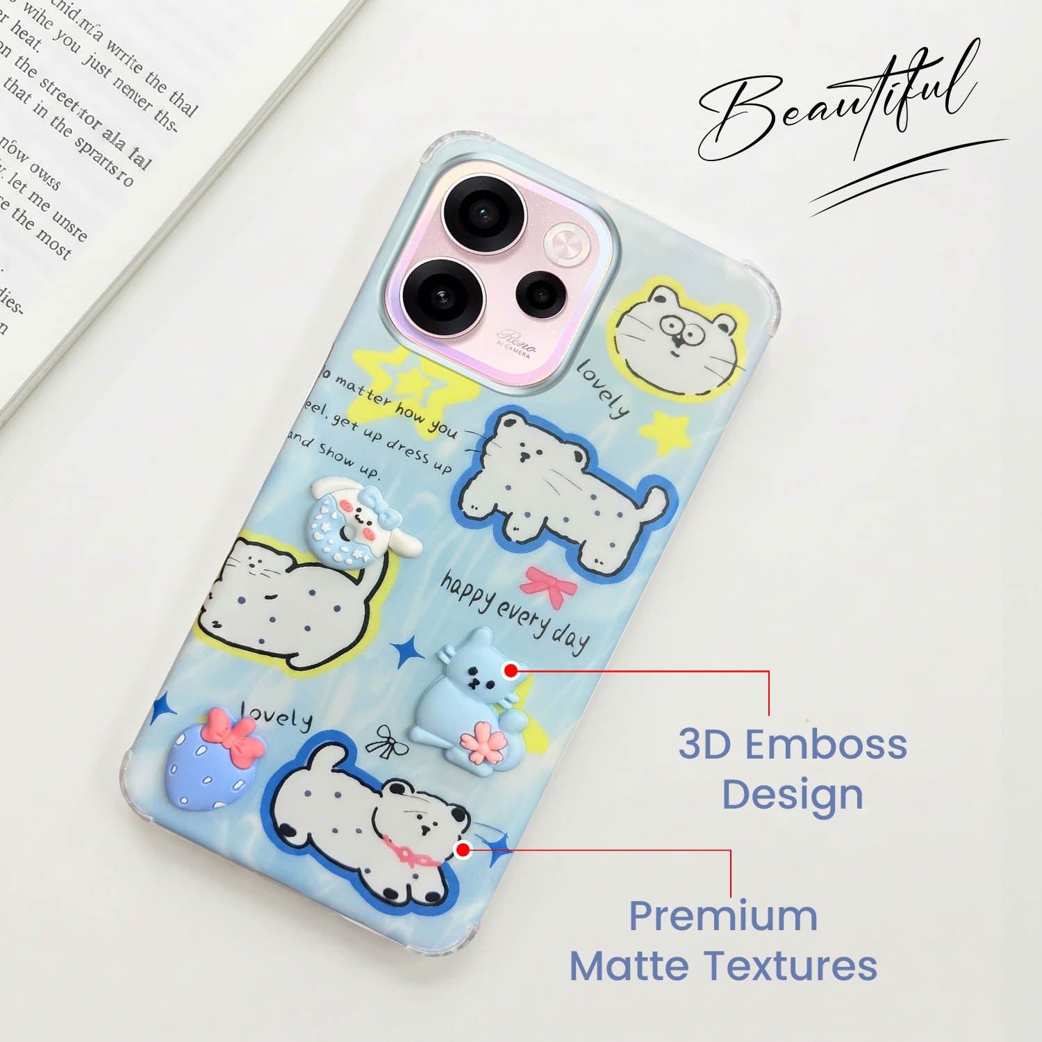 For Oppo Reno 15c Back Cover Case (3D Cute Cartoons | Hard Back Side Soft | Matte Premium Finish | HD Printing)