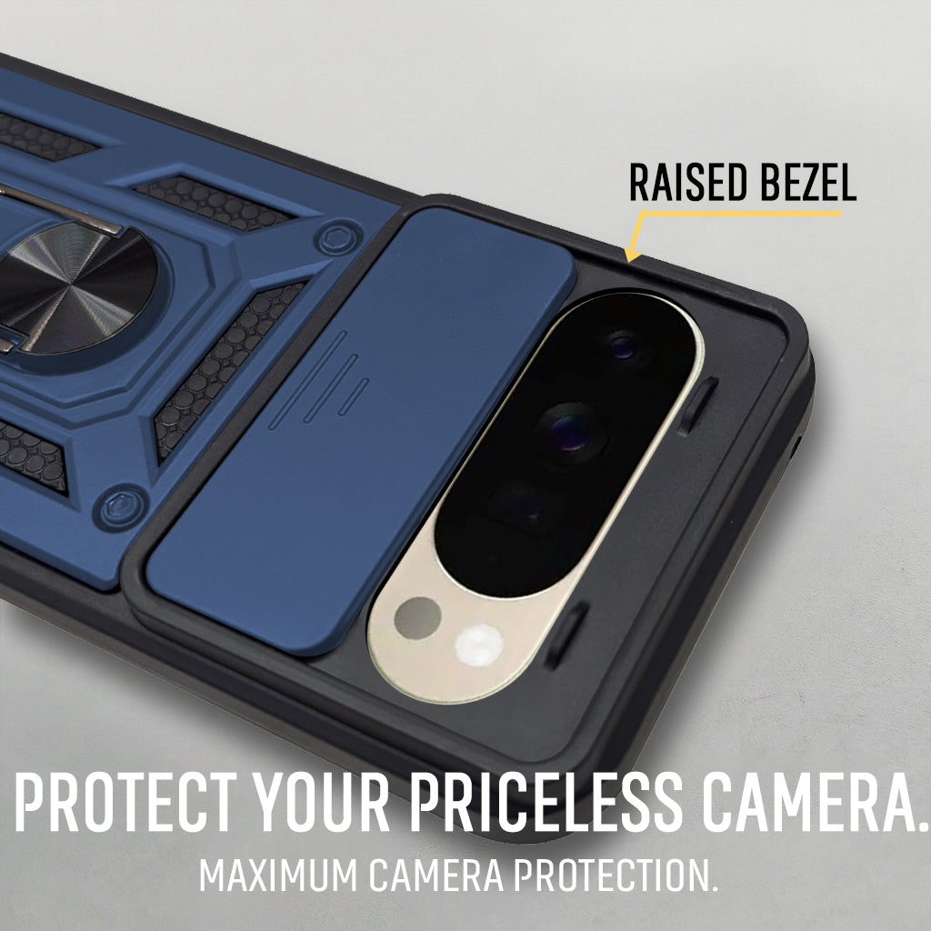 For Google Pixel 10 Pro XL Back Cover Case Hybrid Armor (Sliding Shutter Camera Protection | Polycarbonate |Ring Holder Kickstand)
