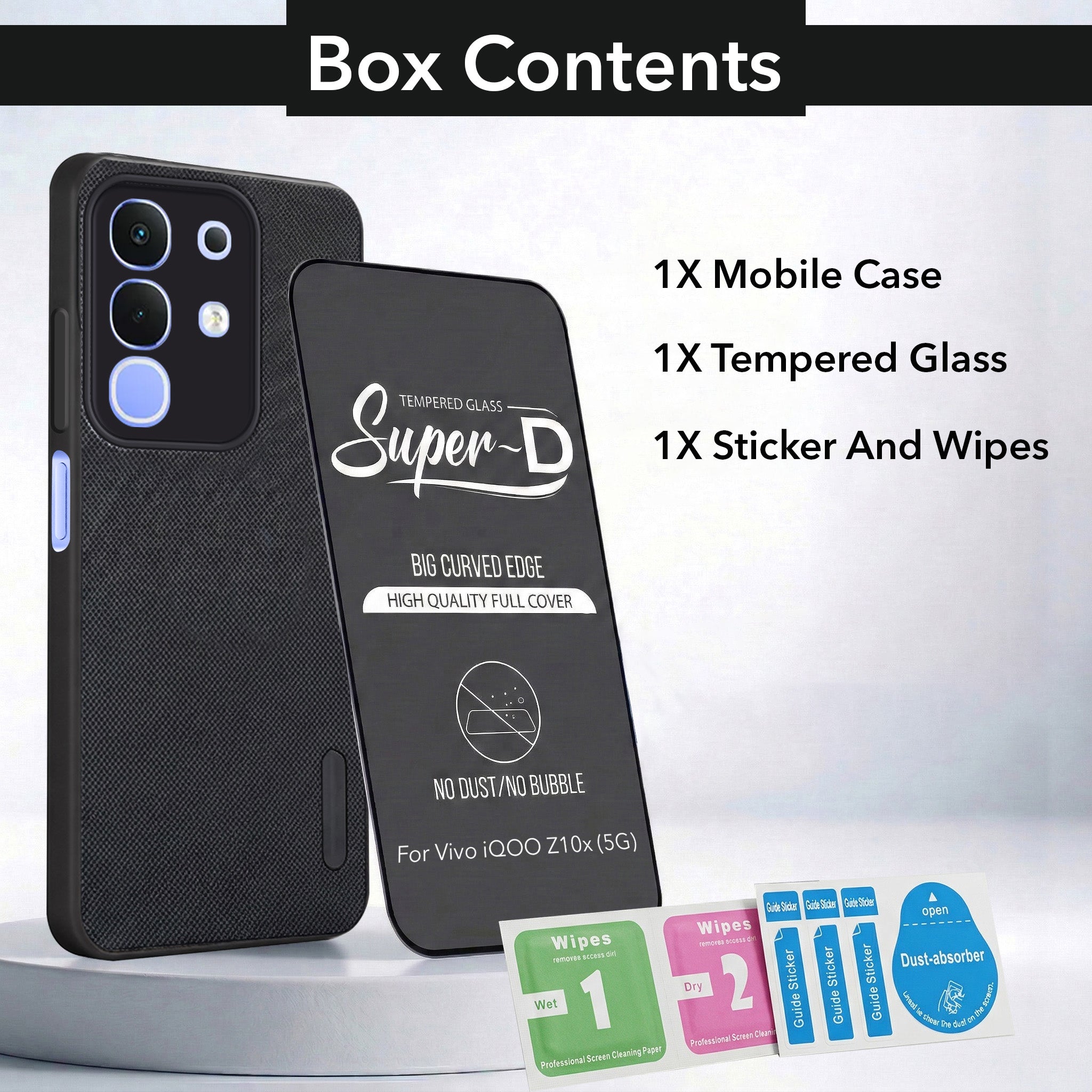 For Vivo iQOO Z10x Combo with Back Cover and 9H Tempered Glass (Textured Grip Design | Micro-Fiber Cloth Inside | Oleophobic Coating Screen Glass)