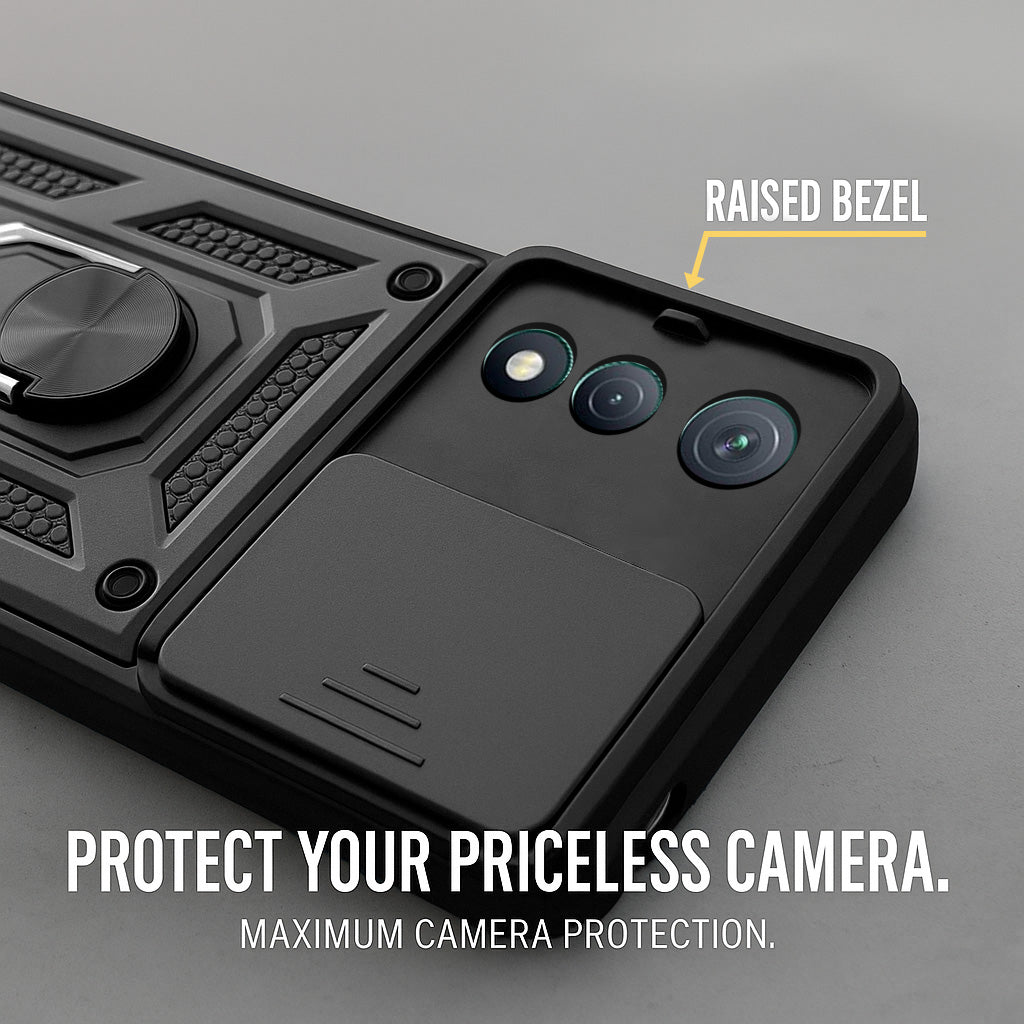 For Tecno Pova Curve Back Cover Case  Hybrid Armor (Sliding Shutter Camera Protection | Polycarbonate |Ring Holder Kickstand)