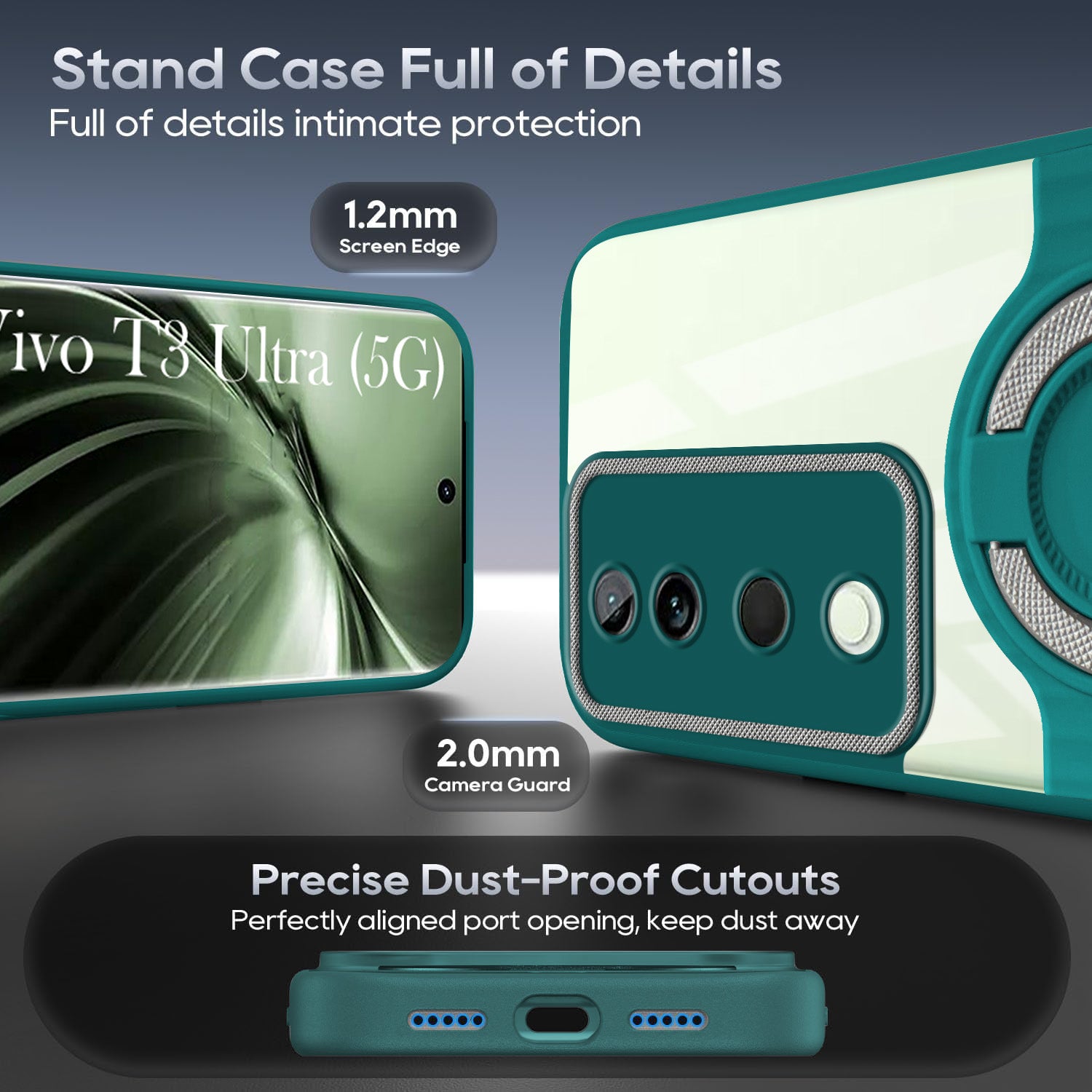 For Vivo T3 Ultra Back Cover Case with stand (Built-in Ring Holder Kickstand | Lifetime Anti Yellow | Camera Protection)