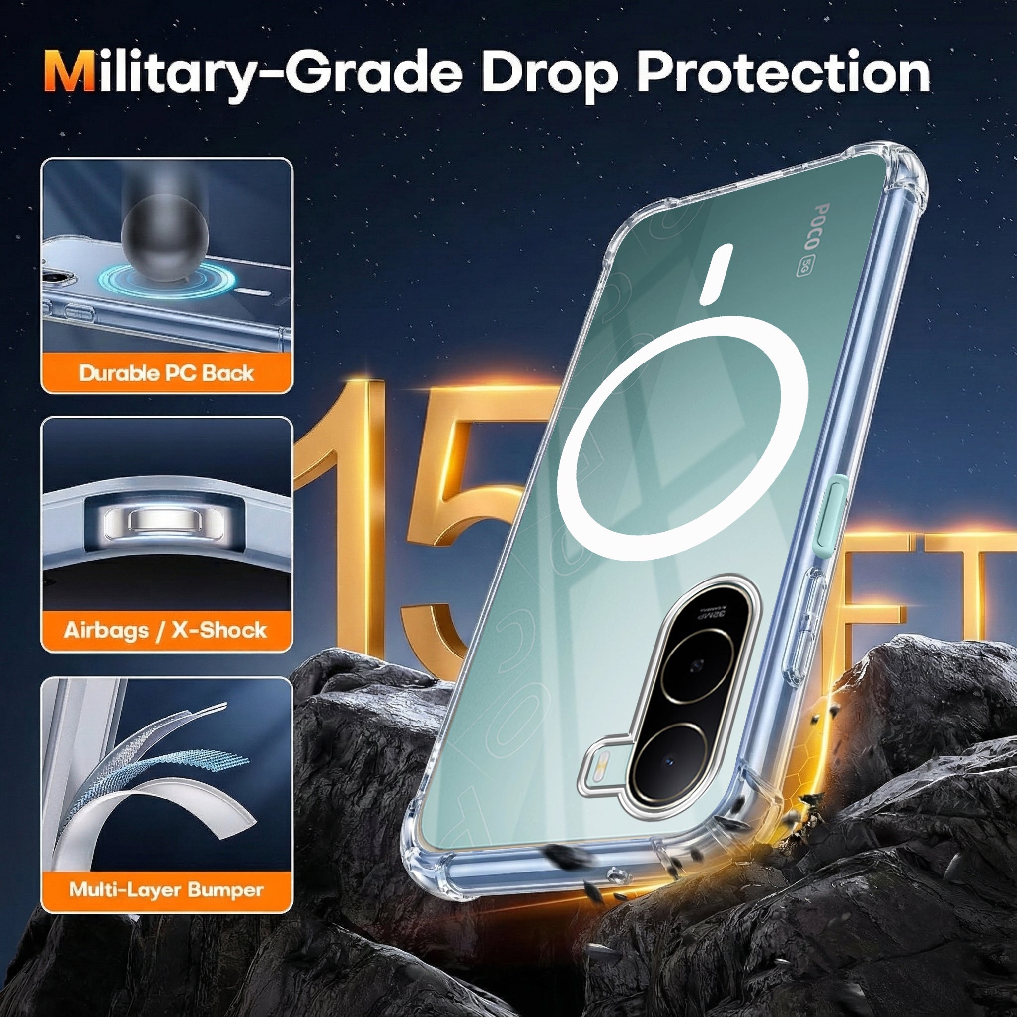 For Poco C85x 5G Back Cover Shockproof Crystal-Clear (Magsafe Wireless Support | Drop & Camera Protection | Hard Polycarbonate)