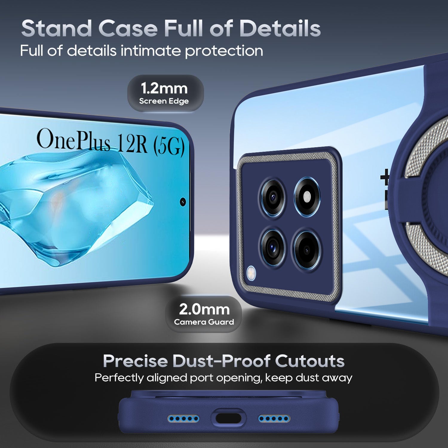 For OnePlus 12R 5G Back Cover Case with stand (Built-in Ring Holder Kickstand | Lifetime Anti Yellow | Camera Protection)