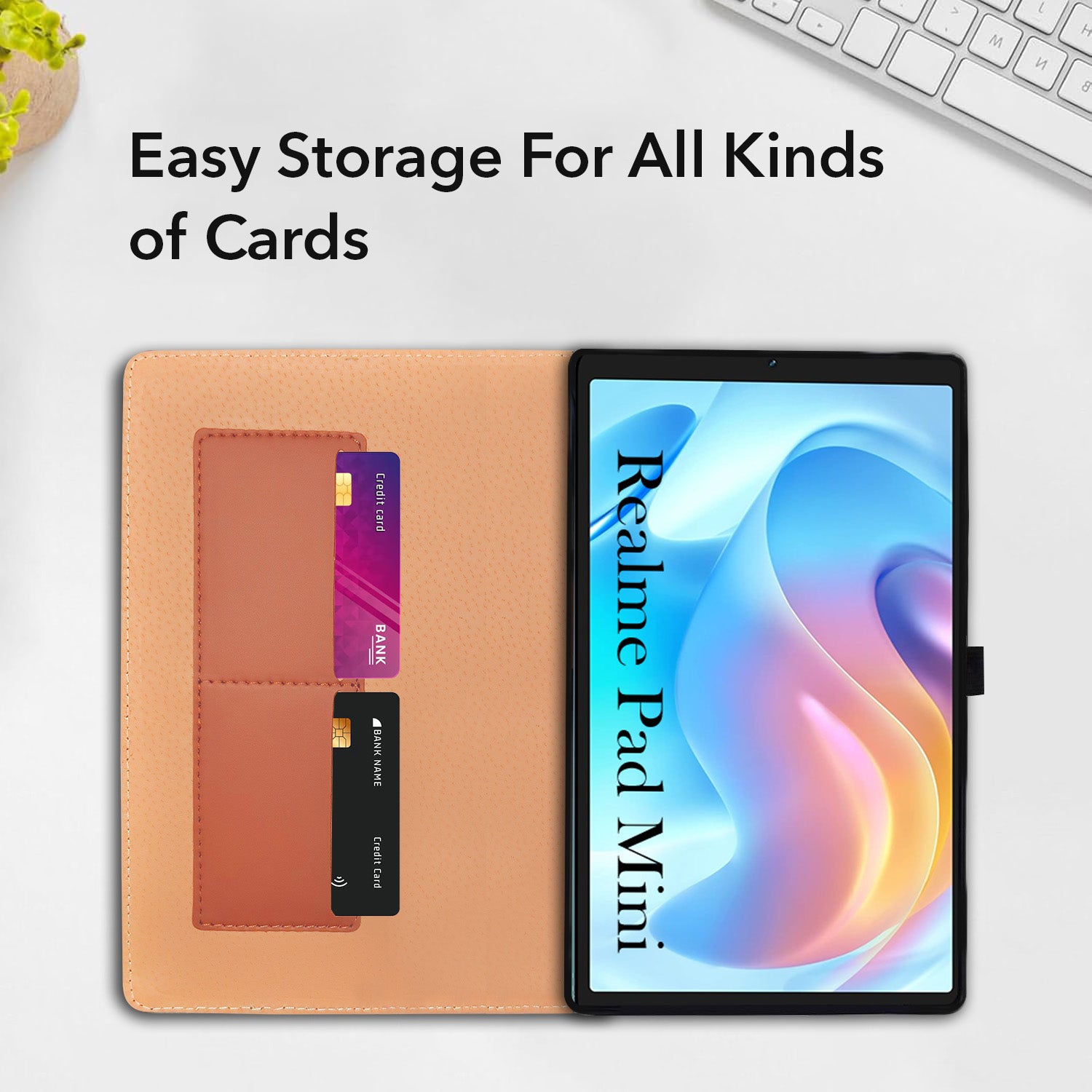 For Realme Pad Mini 8.7 Inch RMP2105/2106 Flip Cover Folio Cover (PU Matte Leather | Multi-Angle Smart Stand | Card Storage Slots | Silicone Back Pouch)