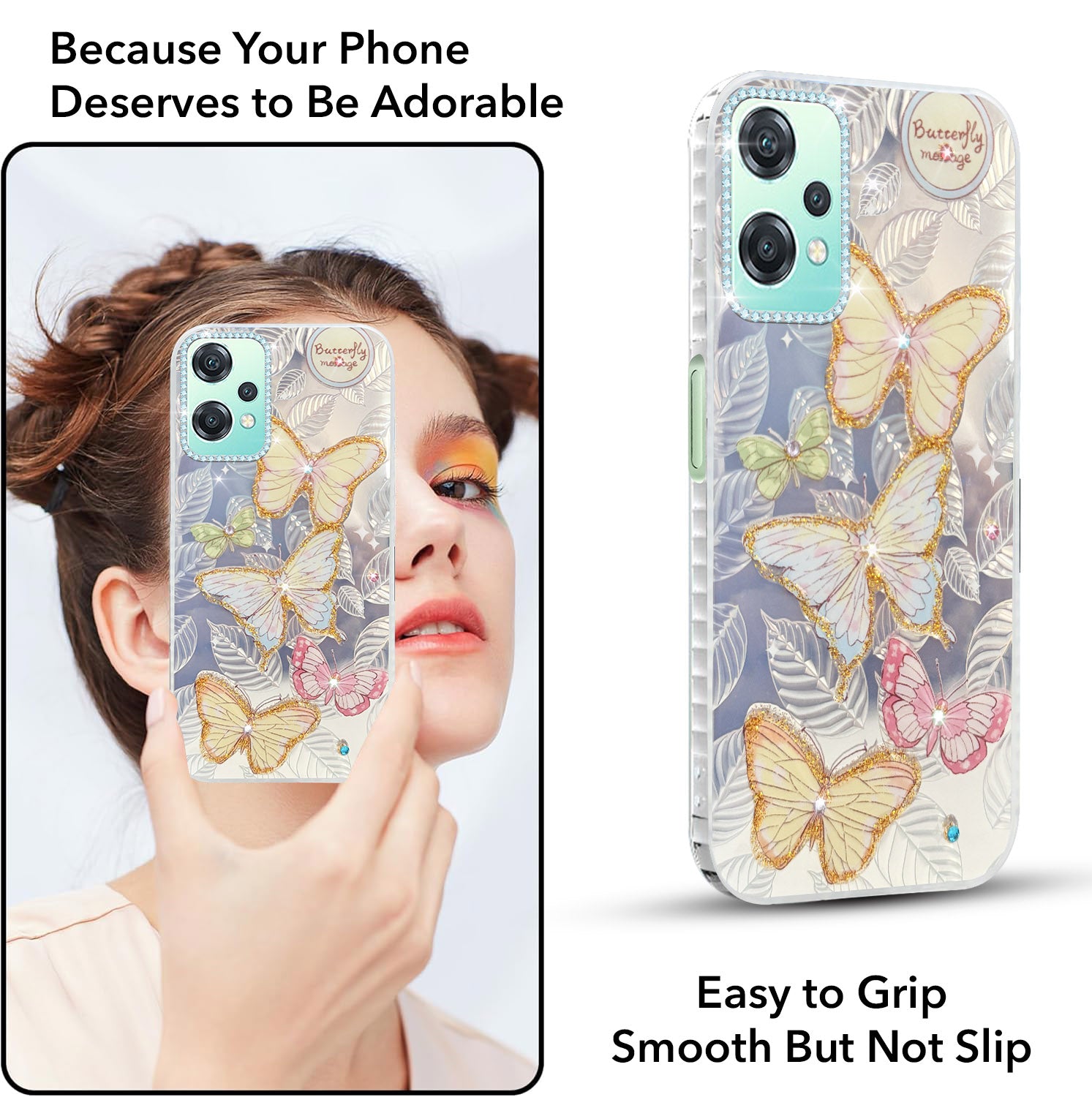 For OnePlus Nord CE 2 Lite Back Cover Case (Luxury Floral Glitter Cute Butterfly | Diamond Studded Camera Bump | Girls & Women Design)