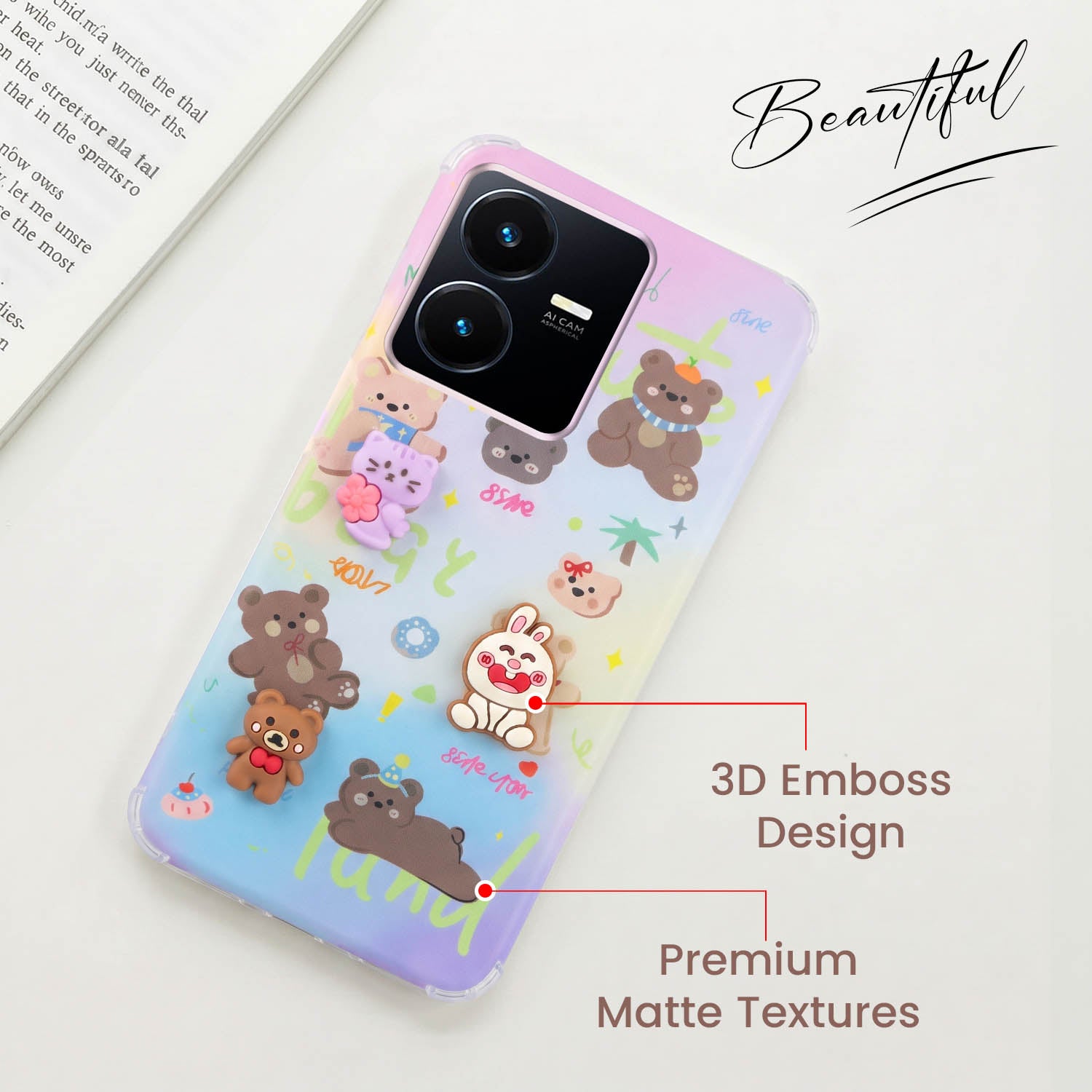 For Vivo Y22 | Vivo Y22s Back Cover Case (3D Cute Cartoons | Hard Back Side Soft | Matte Premium Finish | HD Printing)