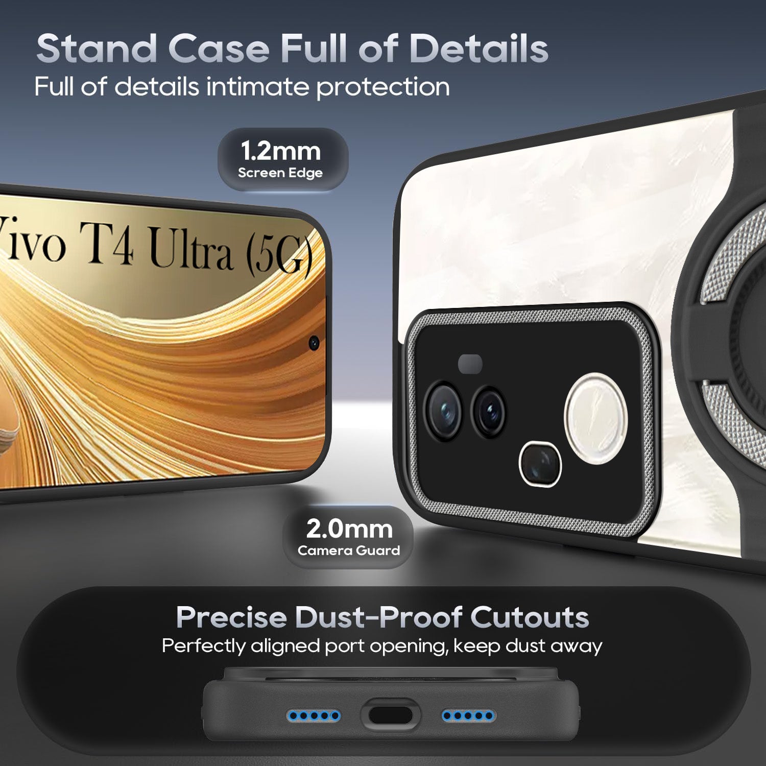 For Vivo T4 Ultra Back Cover Case with stand (Built-in Ring Holder Kickstand | Lifetime Anti Yellow | Camera Protection)