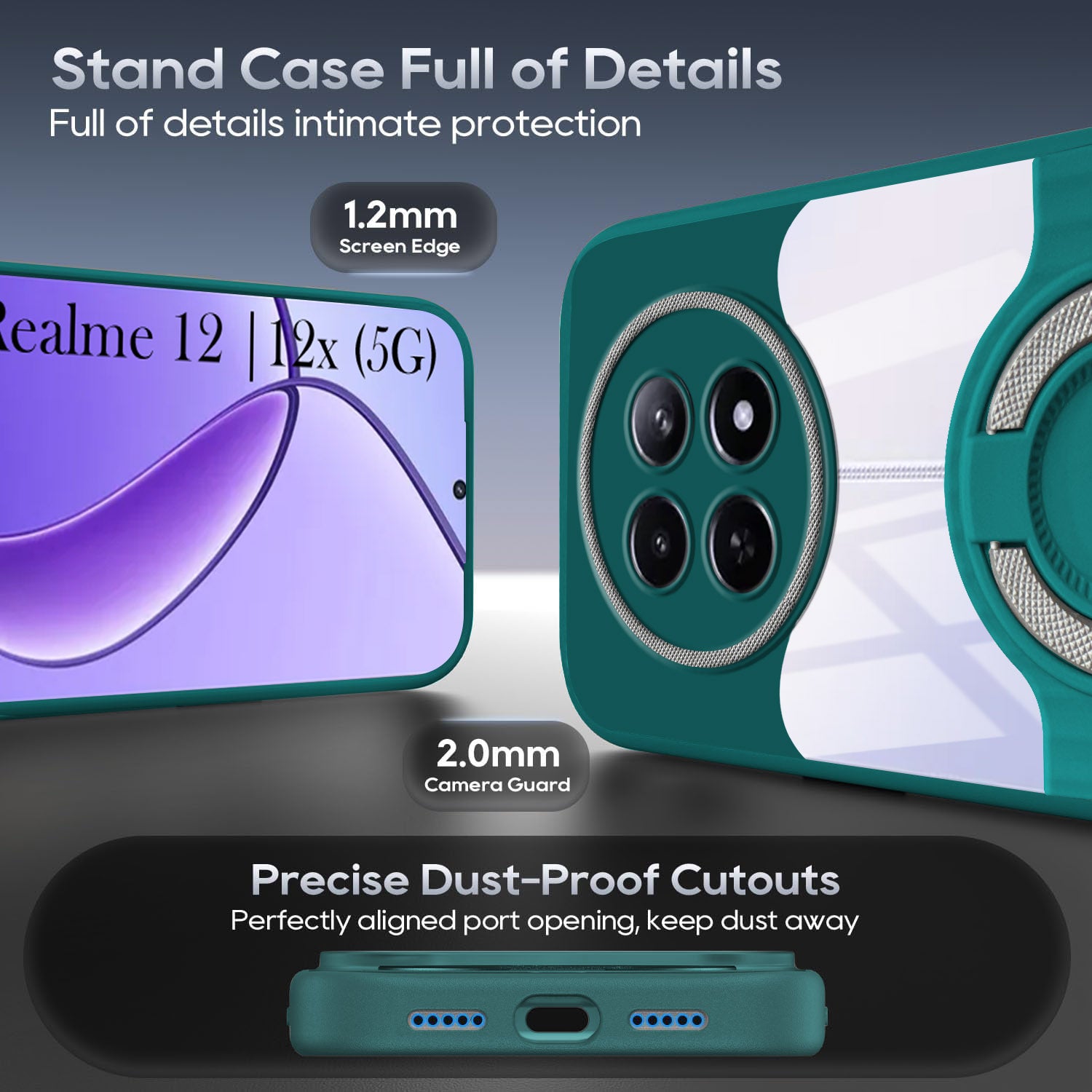 For Realme 12 | Realme 12X Back Cover Case with stand (Built-in Ring Holder Kickstand | Lifetime Anti Yellow | Camera Protection)
