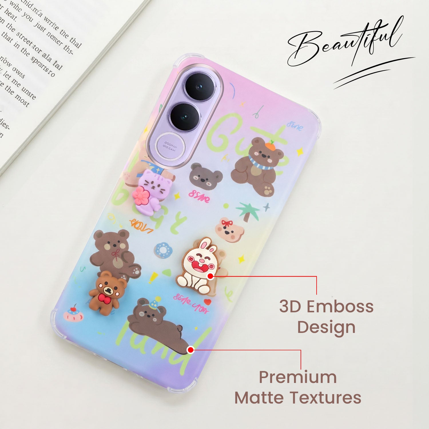 For Vivo V70 FE 5G Back Cover Case (3D Cute Cartoons | Hard Back Side Soft | Matte Premium Finish | HD Printing)