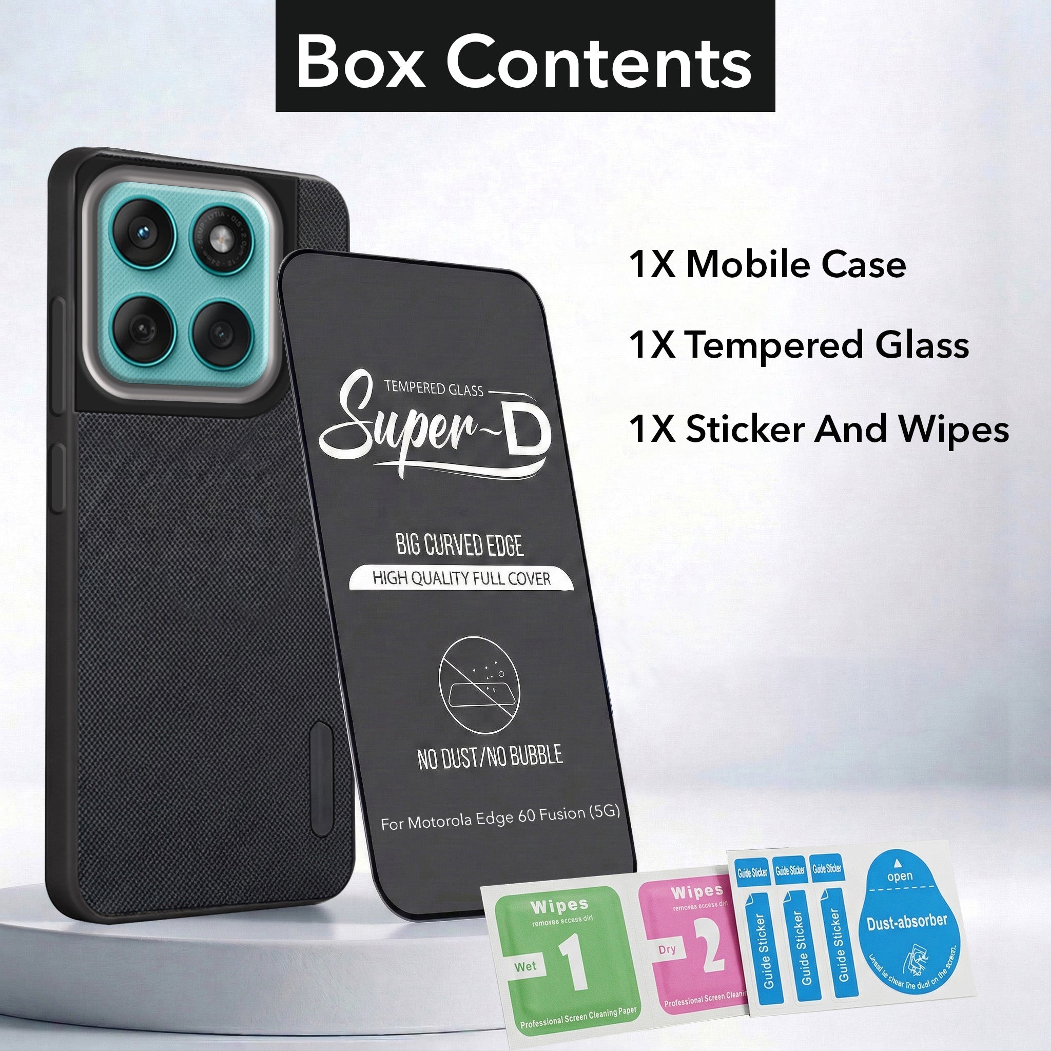 For Motorola Moto Edge 60 Fusion Combo with Back Cover and 9H Tempered Glass (Textured Grip Design | Micro-Fiber Cloth Inside | Oleophobic Coating Screen Glass)
