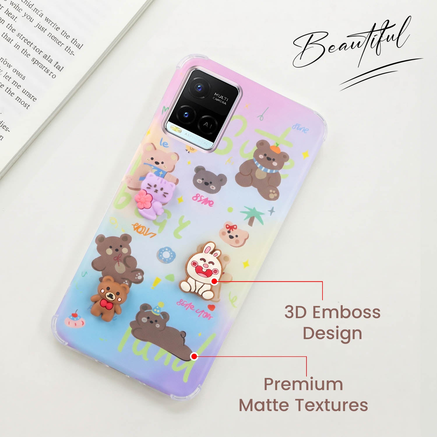 For Vivo Y21e | Vivo Y21A | Vivo Y32 Back Cover Case (3D Cute Cartoons | Hard Back Side Soft | Matte Premium Finish | HD Printing)