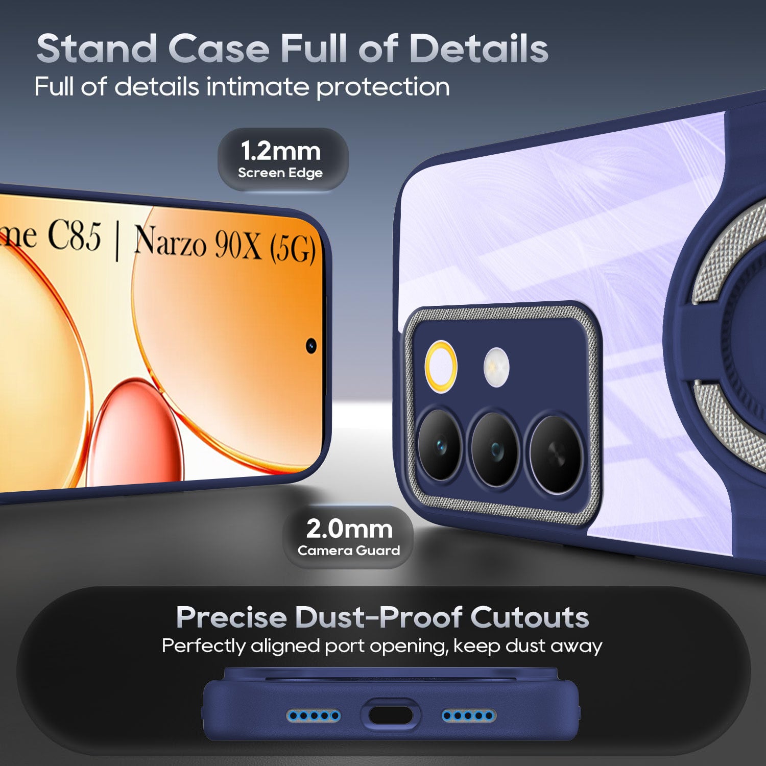 For Realme C85 5G | Realme Narzo 90x Back Cover Case with stand (Built-in Ring Holder Kickstand | Lifetime Anti Yellow | Camera Protection)