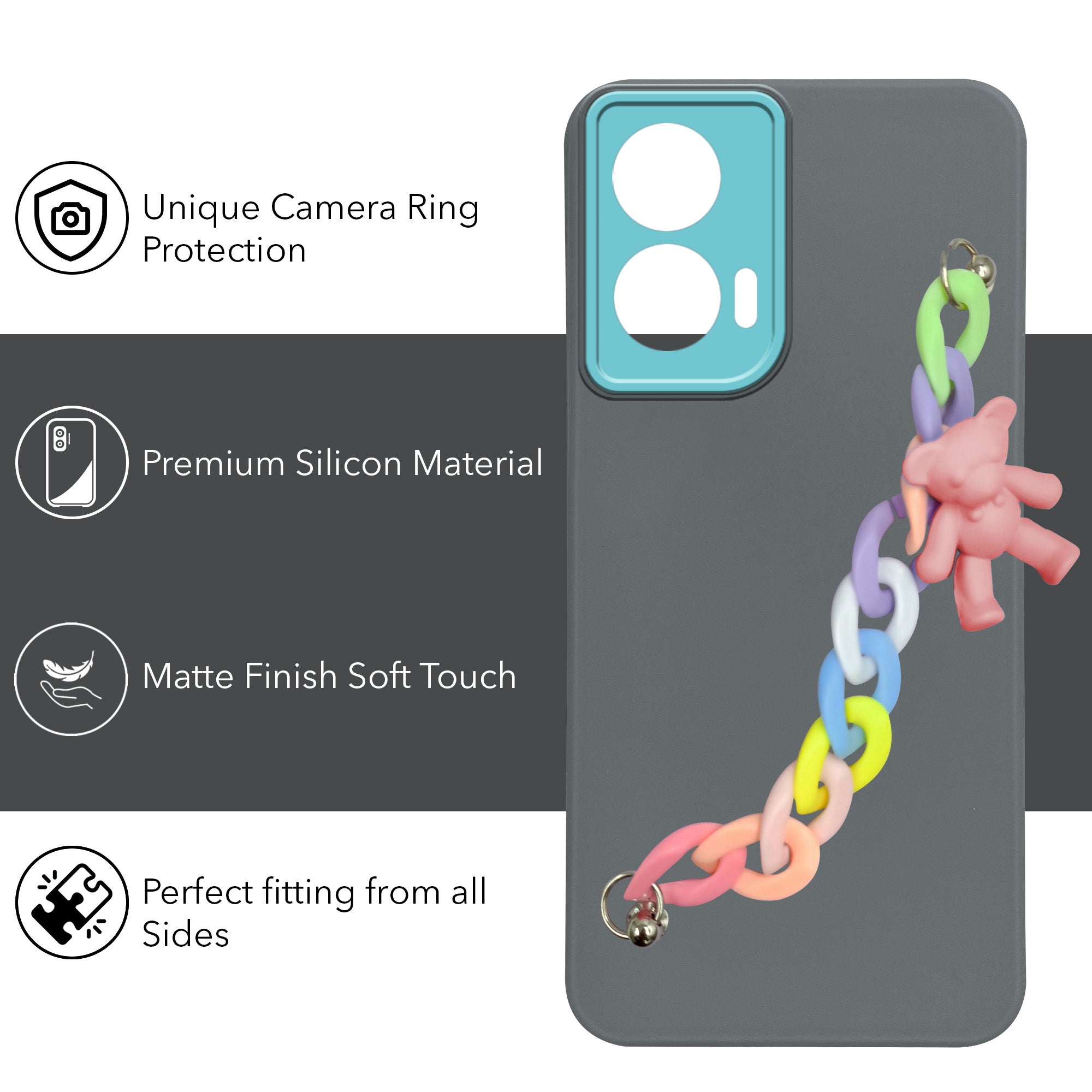 For Motorola Moto Edge 50 Fusion Back Cover Case (Wrist Hanging Chain | Teddy Bracelet Charms | Dual Color Matte Finish | Full Camera Protection | Sleek and Professional)