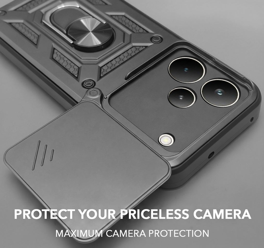 For Realme P4 Pro Hybrid Armor Back Cover Case (Sliding Shutter Camera Protection | Polycarbonate |Ring Holder Kickstand)