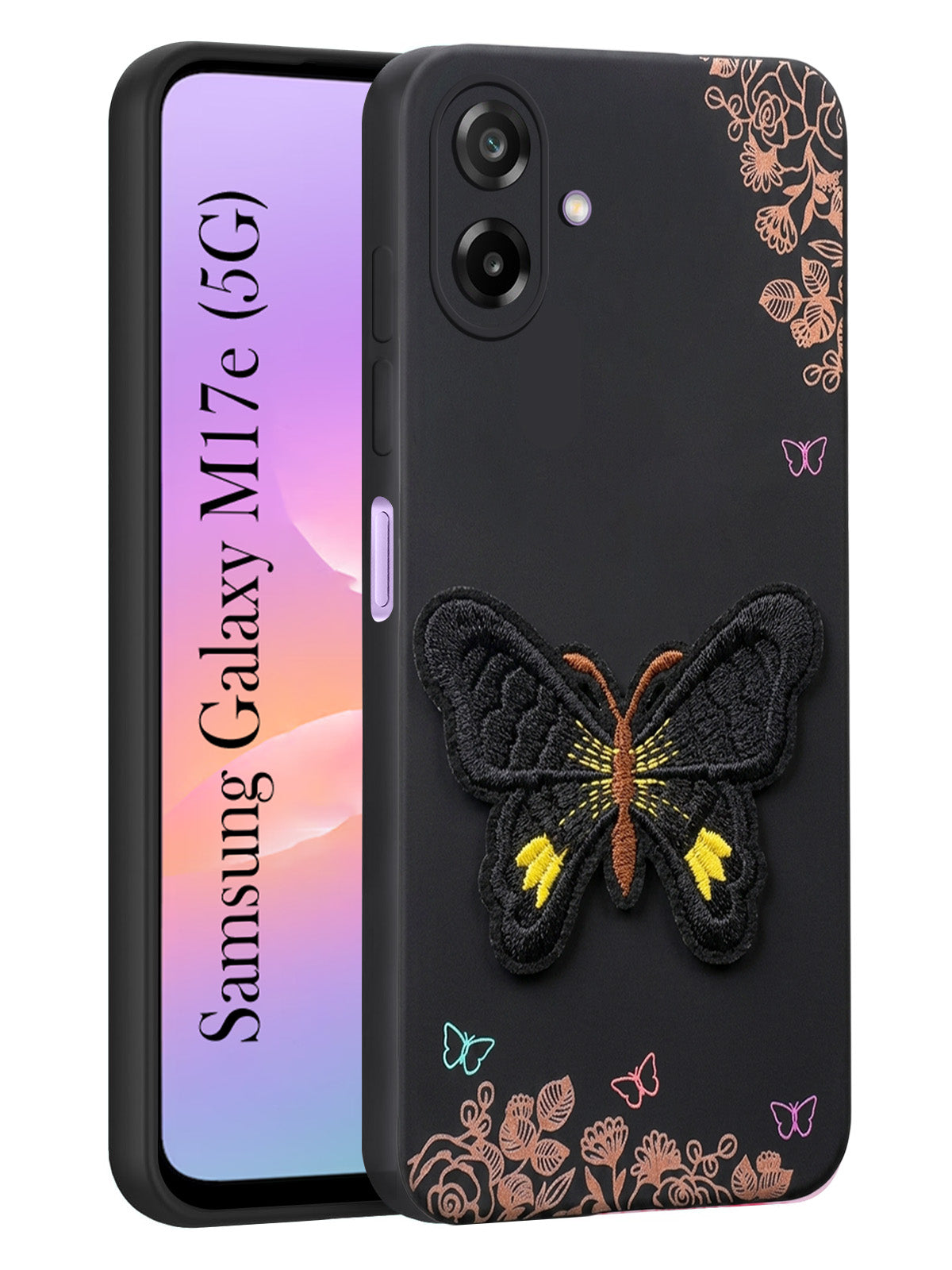 For Samsung Galaxy M17e Back Cover Case (Soft Butterfly Embroidery | Women Teen Girls | Camera Protection| Matte Silicone)