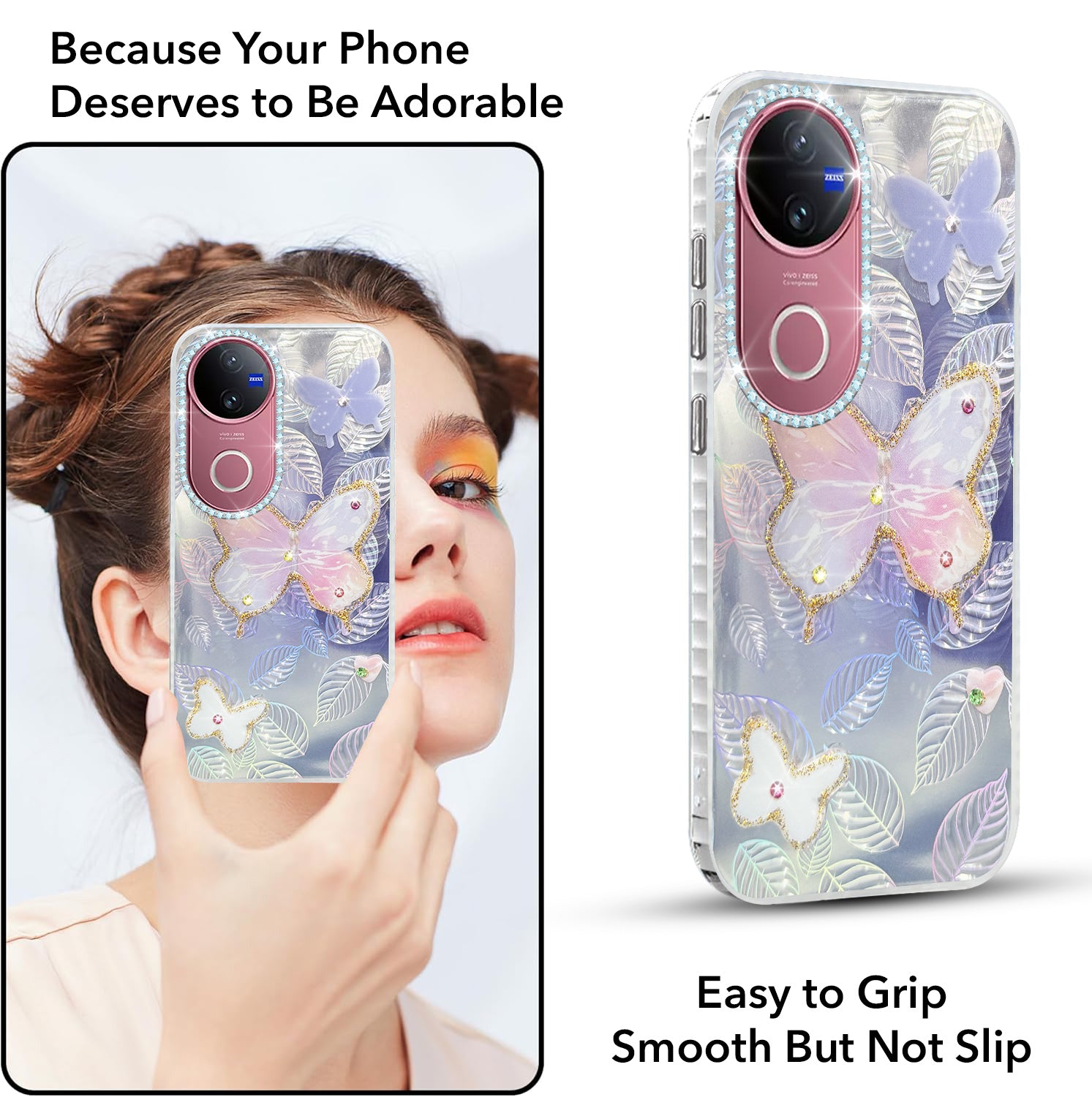 For Vivo V50 | Vivo V50e Back Cover Case (Luxury Floral Glitter Cute Butterfly | Diamond Studded Camera Bump | Girls & Women Design)