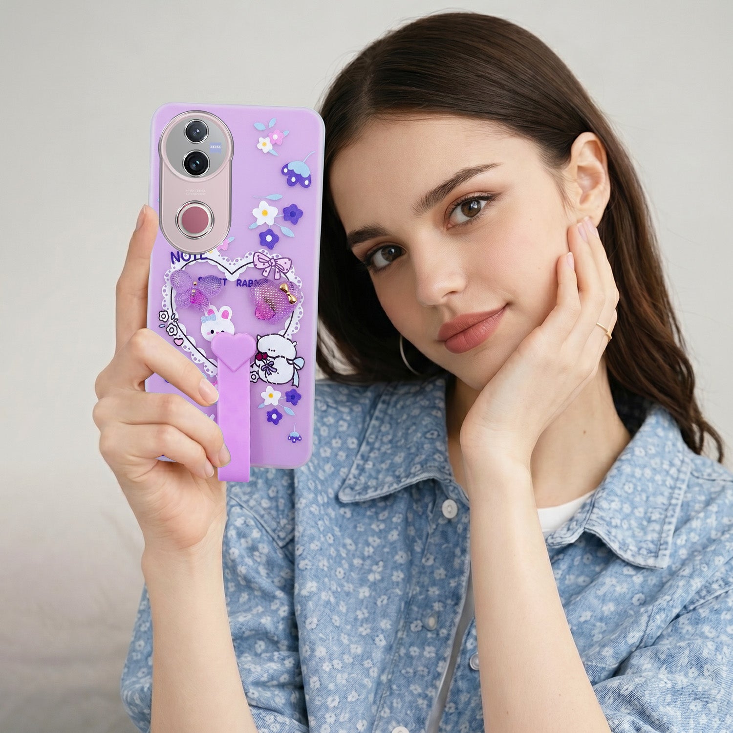 For Vivo V50 | Vivo V50e Back Cover Case (3D Cute Heart Strap Holder | Camera Protection | Designer Girls Print)