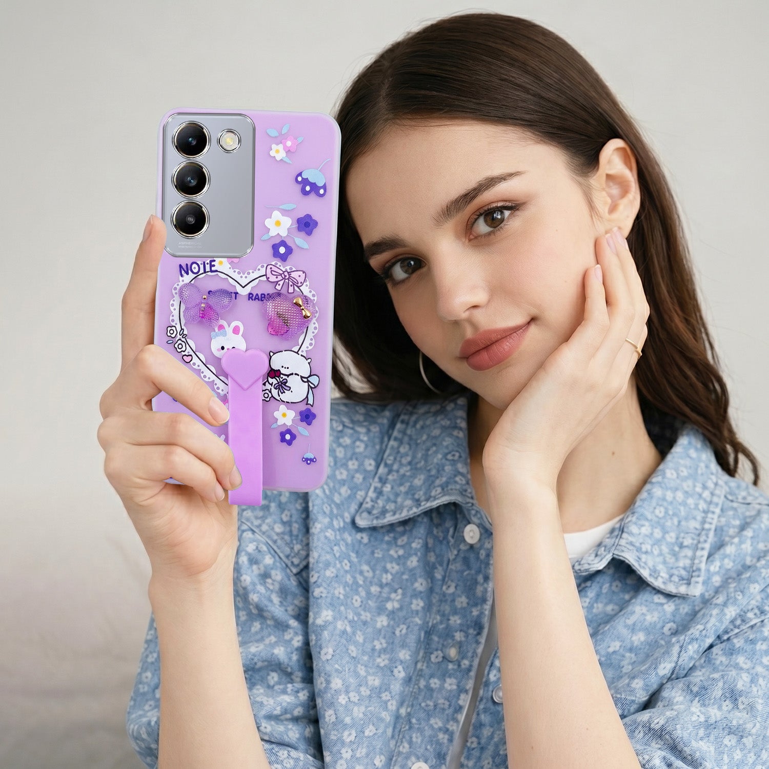 For Vivo T3 5G Back Cover Case (3D Cute Heart Strap Holder | Camera Protection | Designer Girls Print)