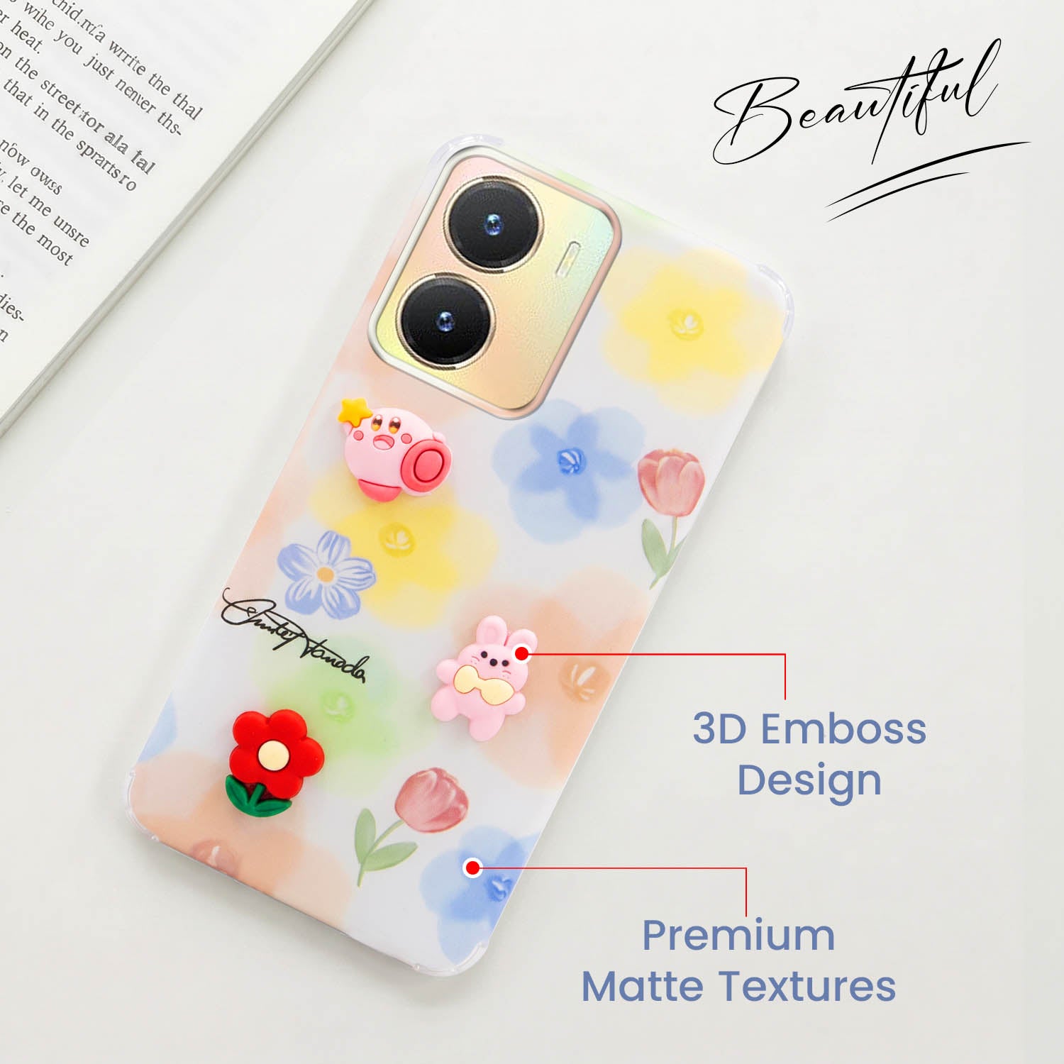 For Vivo T2x Back Cover Case (3D Cute Cartoons | Hard Back Side Soft | Matte Premium Finish | HD Printing)