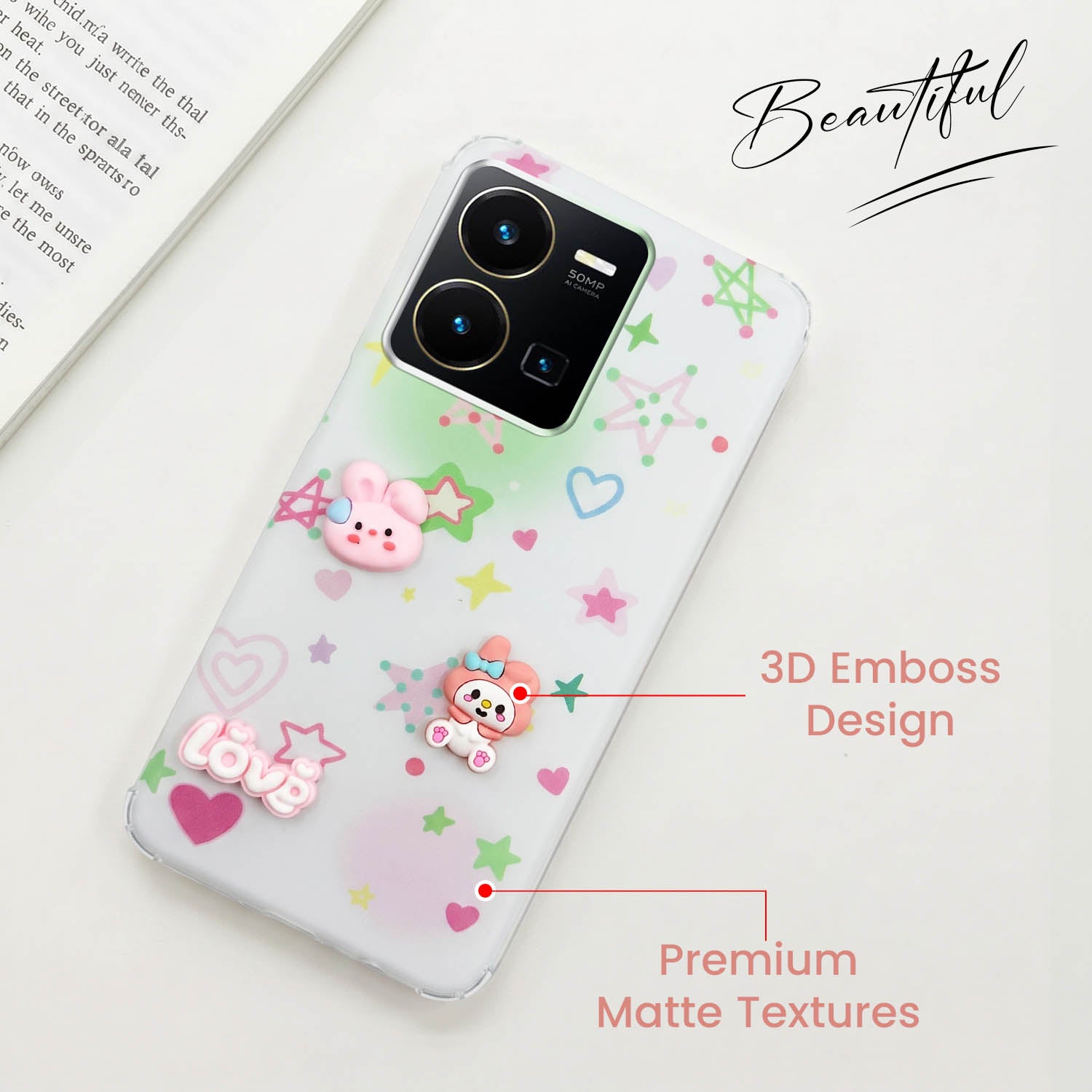 For Vivo Y35 Back Cover Case (3D Cute Cartoons | Hard Back Side Soft | Matte Premium Finish | HD Printing)