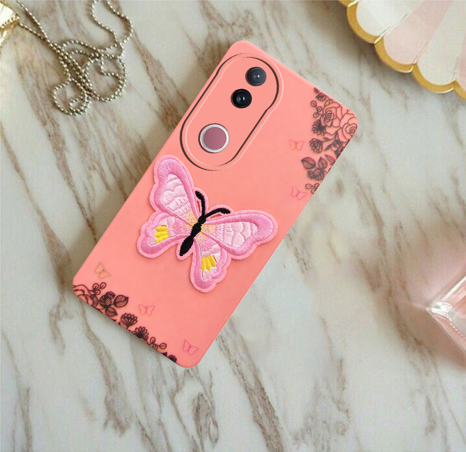 For Vivo V50 | Vivo V50e Back Cover Case (Soft Butterfly Embroidery | Women Teen Girls | Camera Protection| Matte Silicone)