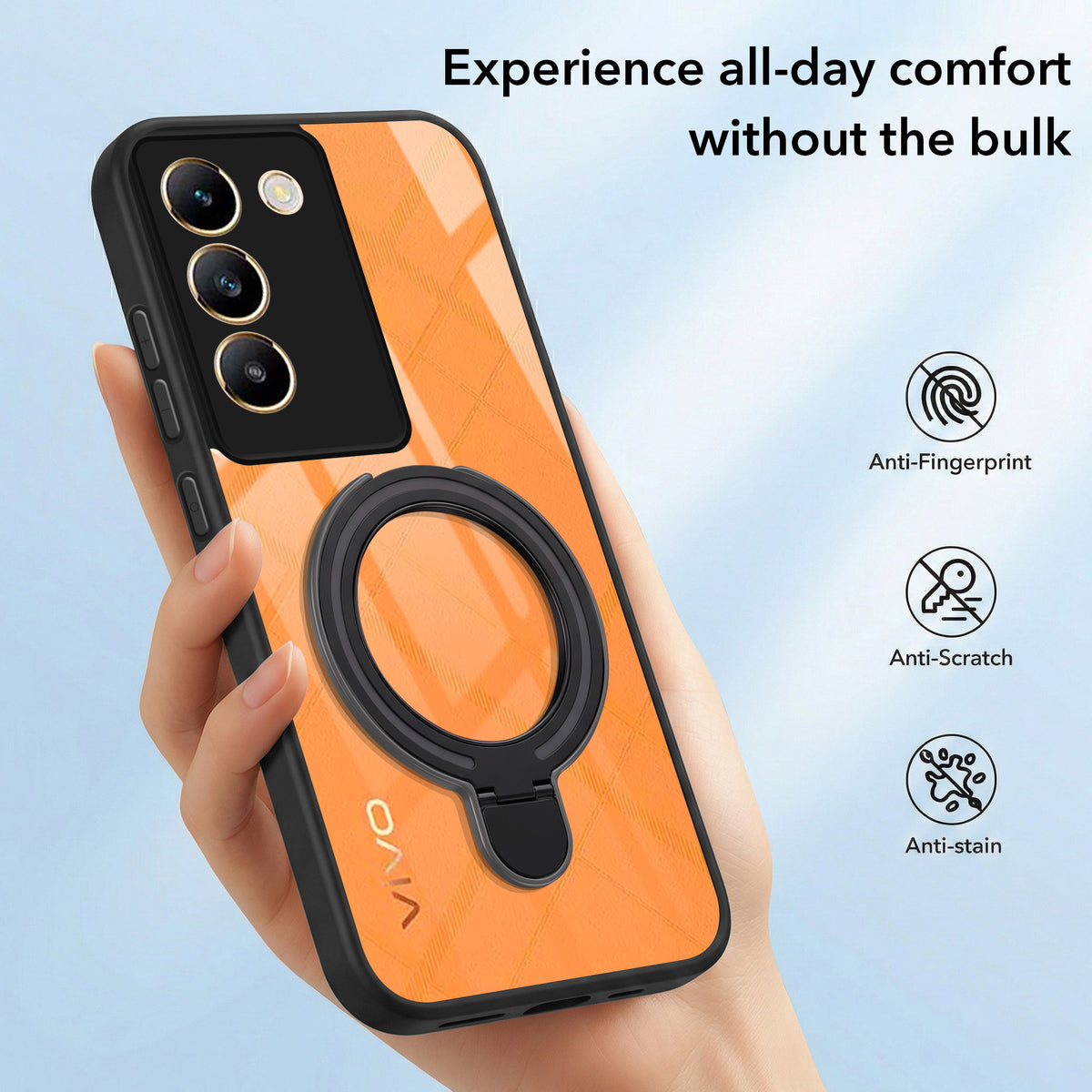 For Vivo Y200e Back Cover Case (Kick Stand Ring Holder | Life time Anti Yellow | Camera Protection)
