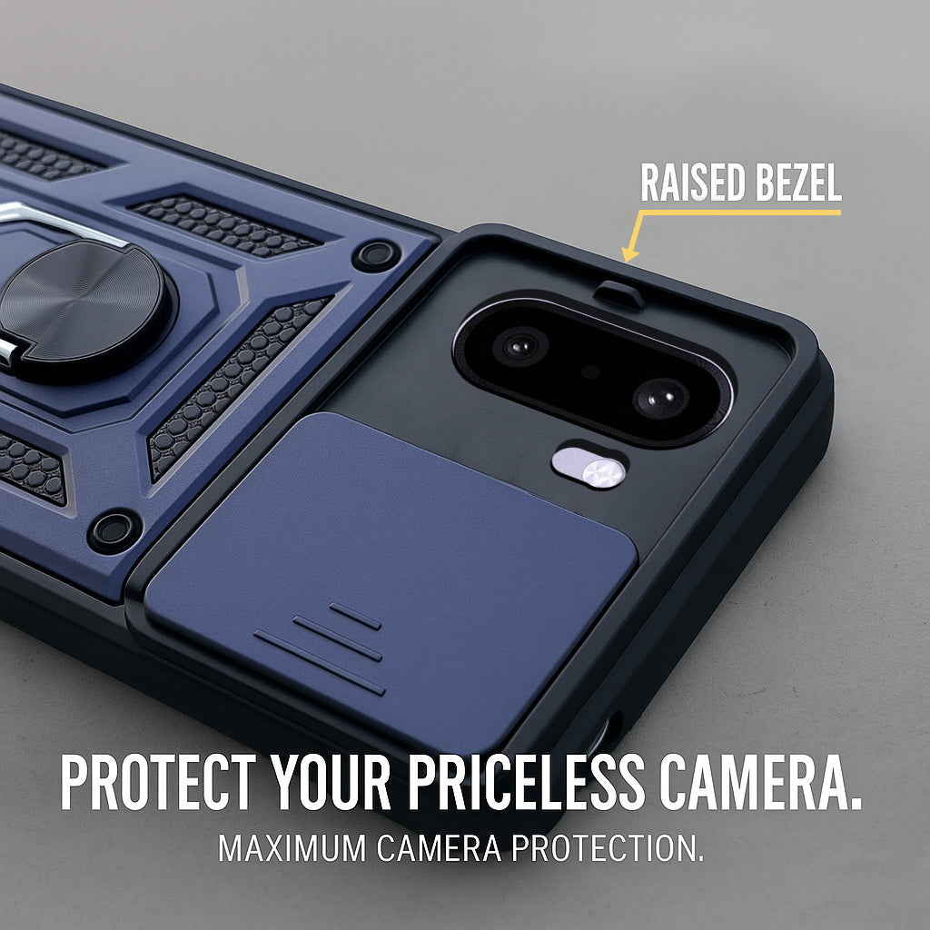 For OnePlus 15R Back Cover Case Hybrid Armor (Sliding Shutter Camera Protection | Polycarbonate |Ring Holder Kickstand)