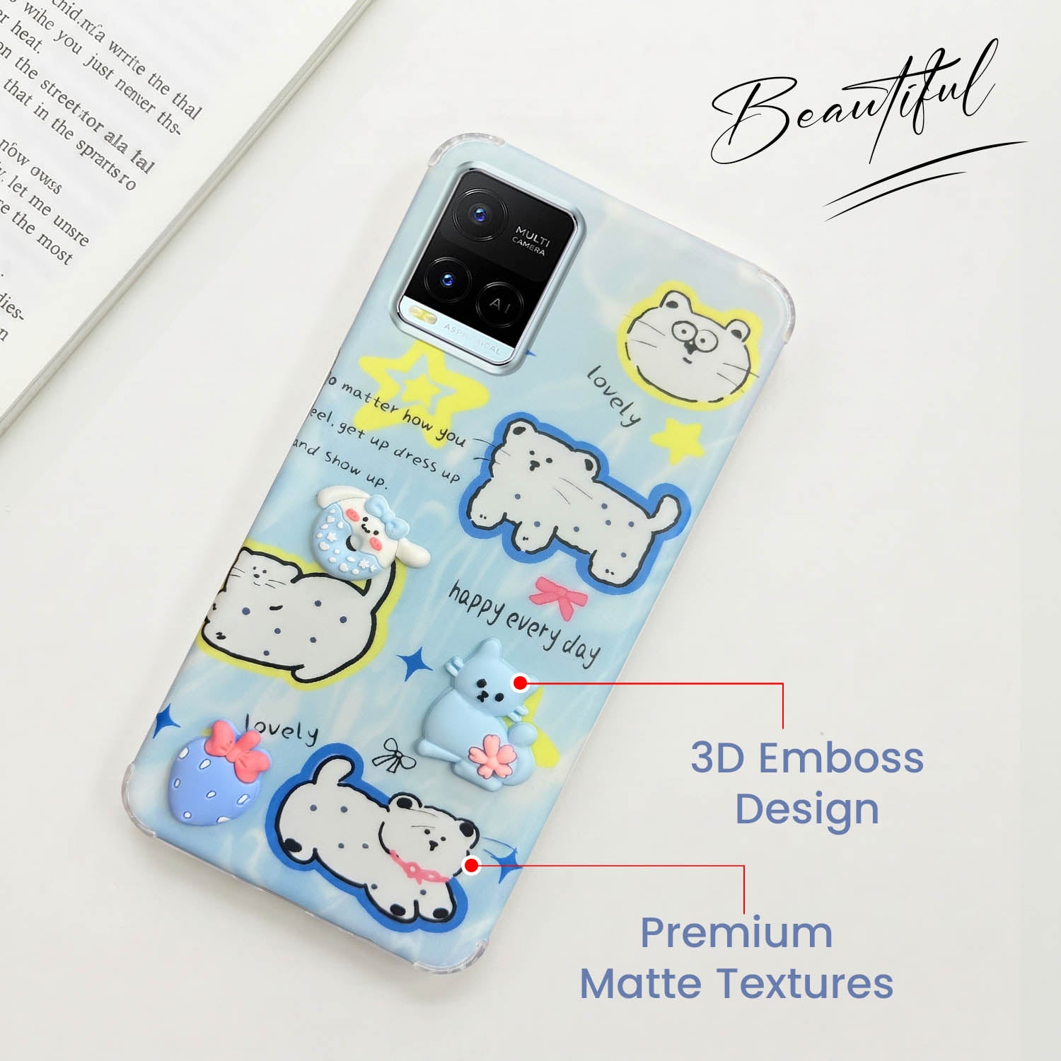 For Vivo Y21 2021 Back Cover Case (3D Cute Cartoons | Hard Back Side Soft | Matte Premium Finish | HD Printing)